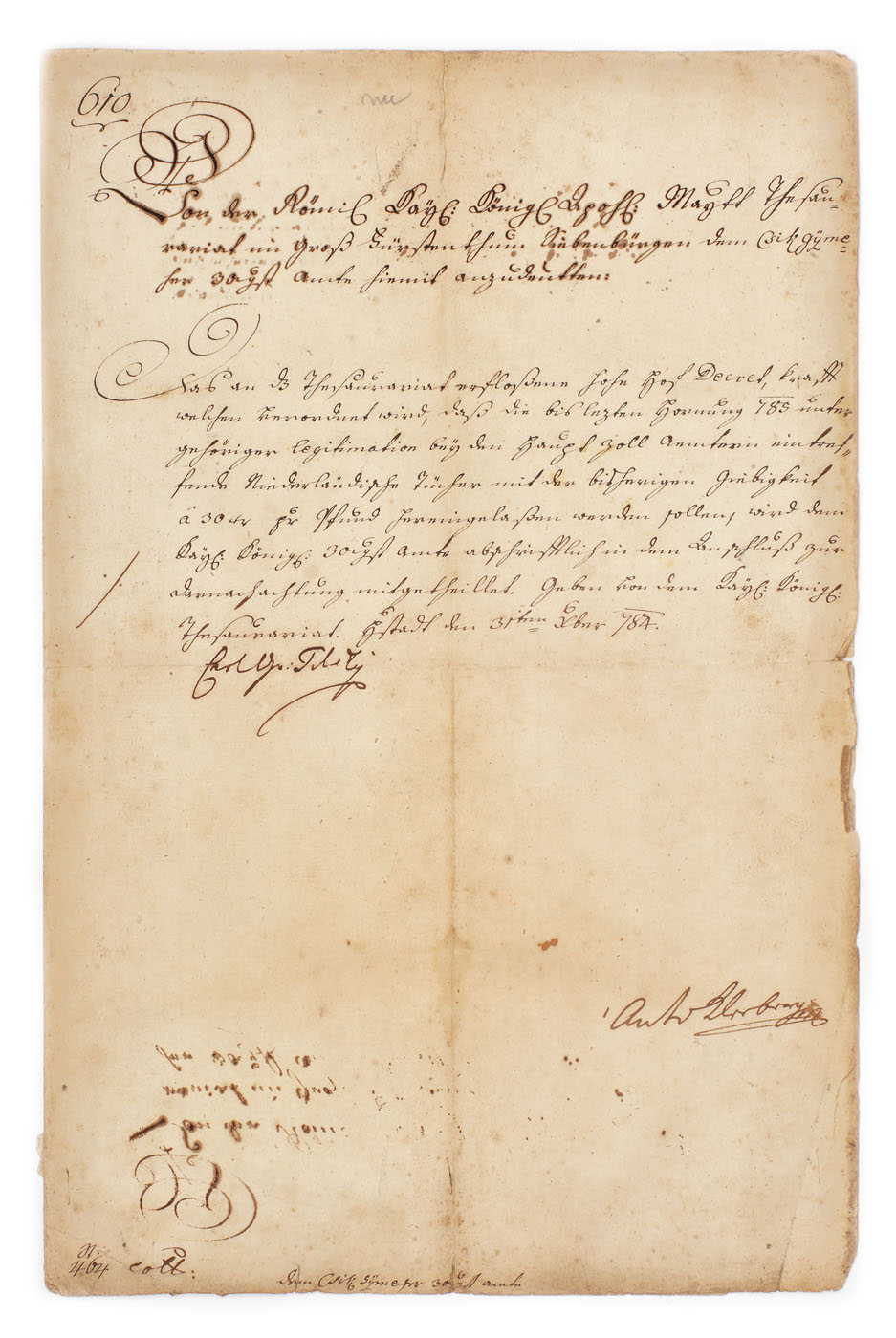 Înalt decret adresat Tezauriatului Cezaro-Craiesc, către Oficiul de Trigezima din Csik Gymes, Sibiu, 31 ianuarie 1784, cu sigiliu