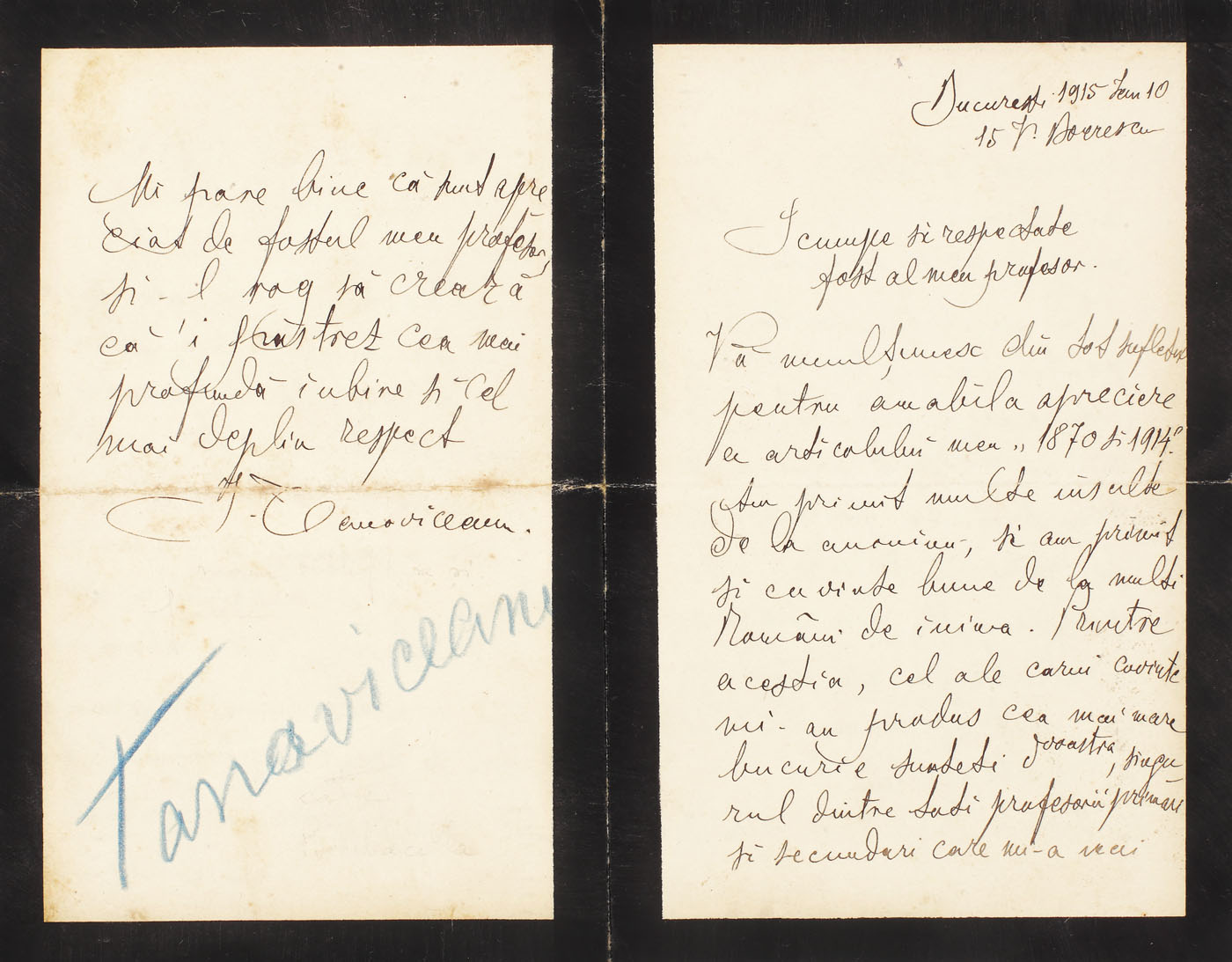 Scrisoare patriotică semnată de celebrul profesor Ioan Tanoviceanu, întemeietorul criminologiei româneşti, adresată unui fost profesor, două file, București, 10 ianuarie, 1915