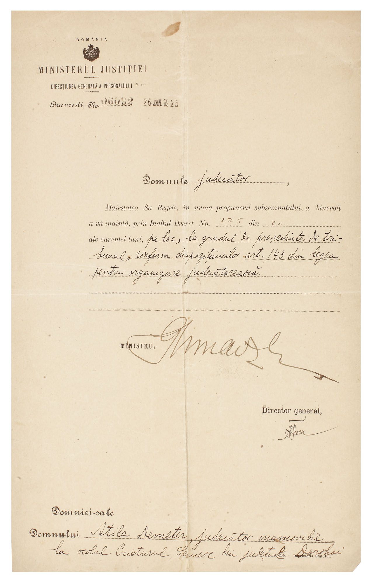Înştiinţare de numire în funcția de Președinte al Tribunalului Dorohoi, semnat olograf de ministrul George Mârzescu, 26 ianuarie 1925