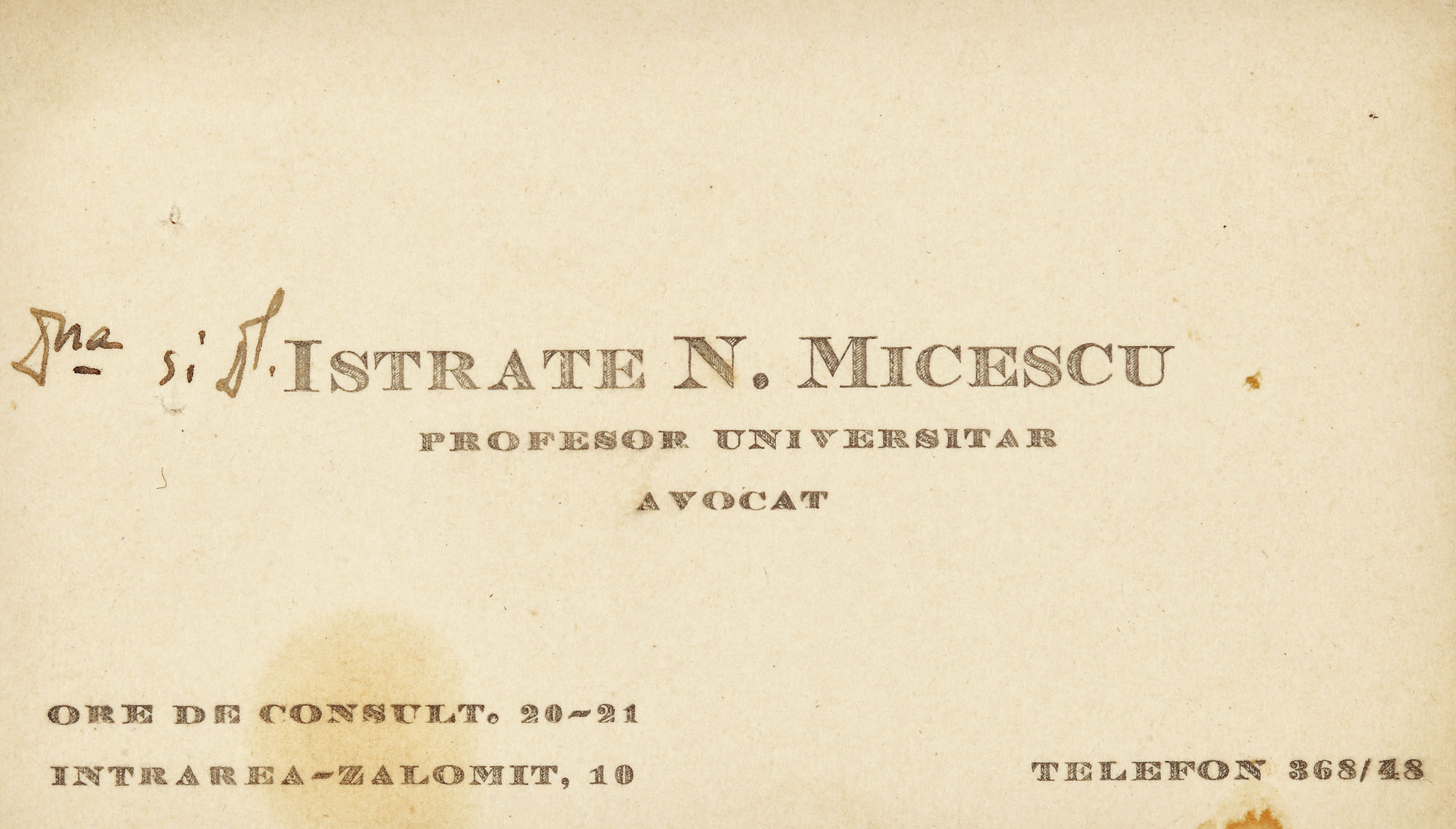 Carte de vizită a celebrului jurist Istrate N. Micescu, considerat drept cel mai mare avocat român