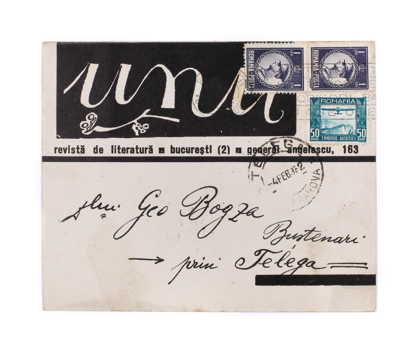 "Unu" Post Card sent by Sașa Pană to Geo Bogza, Buștenari, 2nd of February 1932, with Sașa Pană's autograph; from the collection of Geo Bogza, Avant-garde poet 