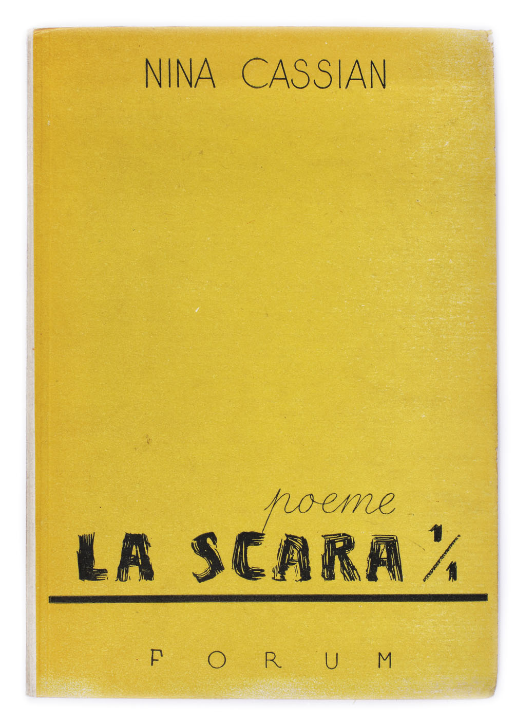 ”La scara 1/1”, de Nina Cassian, București, 1947, cu un portret de Jules Perahim, dedicația și semnătura olografă a autoarei către Sașa Pană, provine din colecția poetului avangardist Sașa Pană