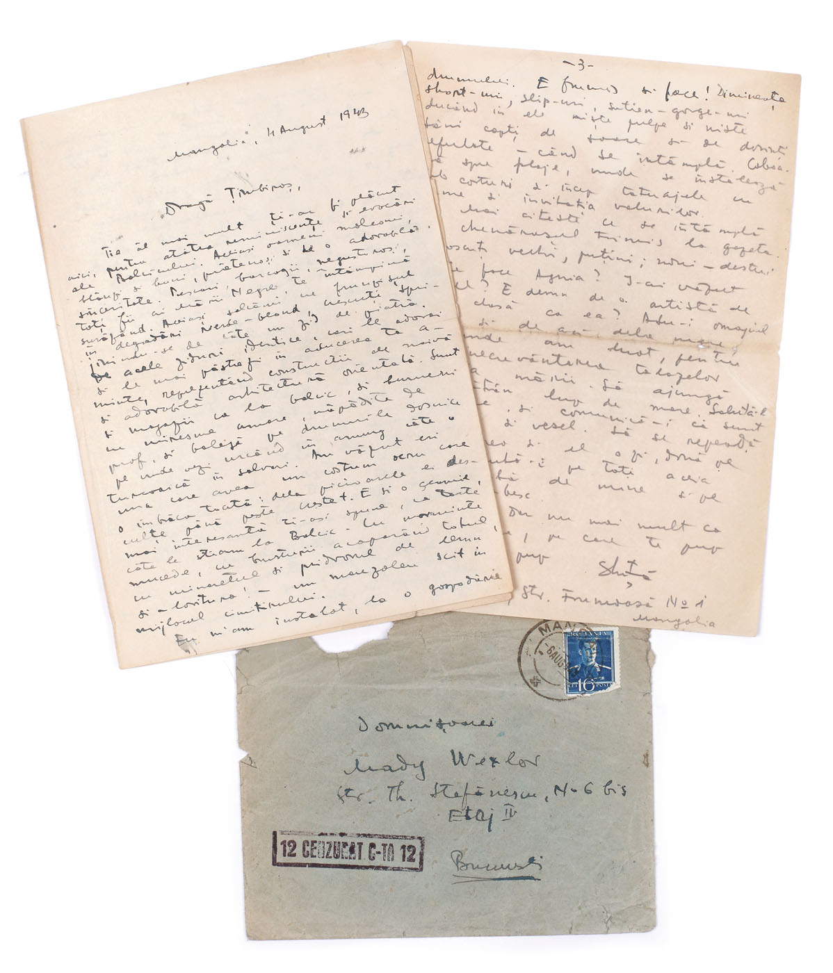 Love letter, sent by Stephan Roll to his future wife, Medi Dinu (maiden name Mady Wexler), in which the poet recounts his short stay at Balcic, Mangalia, 4th of August 1943, in the original envelope (3 file)