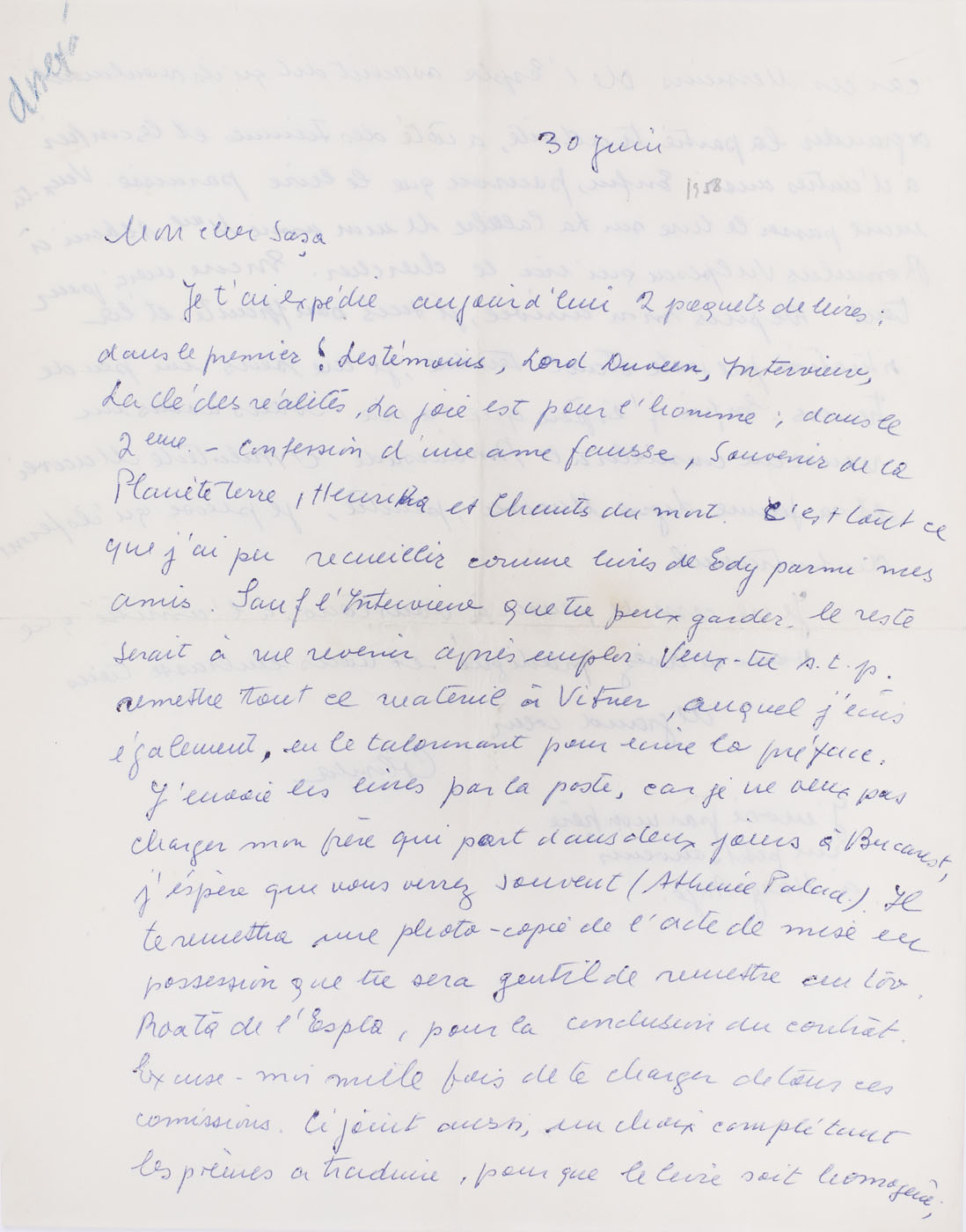 Scrisoare trimisă de Colomba Voronca (soția lui Ilarie Voronca) către Sașa Pană, în care amintește despre opera soțului său și publicațiile în limba franceză de la Paris din acea perioadă, 30 iunie 1958