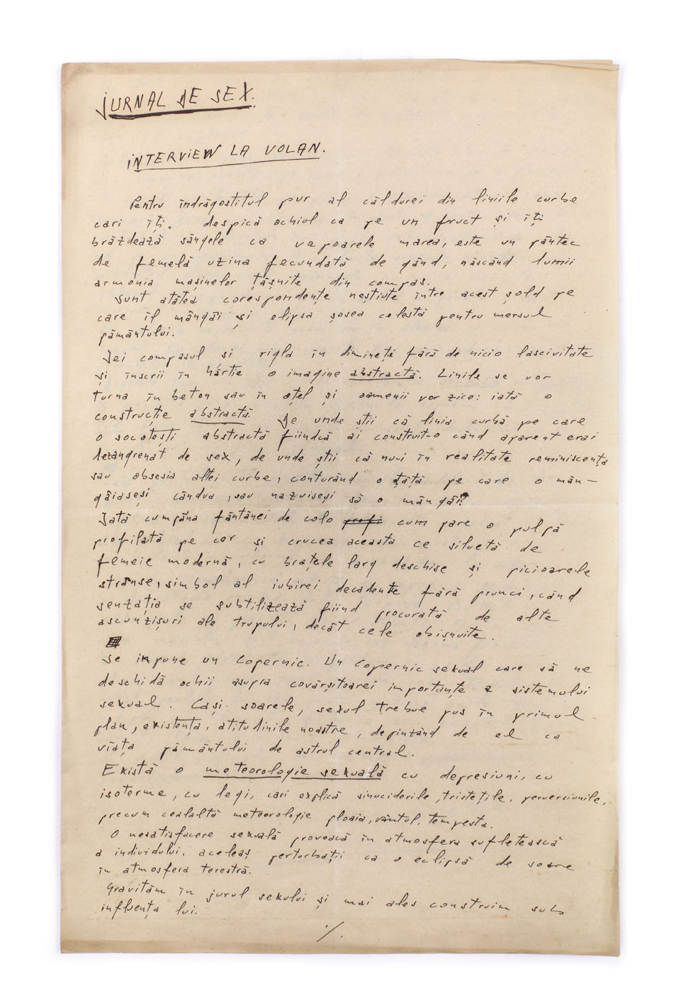 Manuscris ”Jurnal de sex - Interview la volan”, de Geo Bogza, cca. 1930, cu semnătura olografă a autorului,  provine din colecția poetului avangardist Sașa Pană (2 file)
