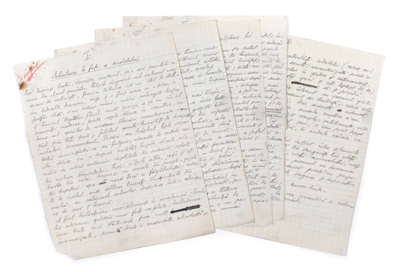 Manuscript of Miron Radu's "Schimbarea la față a cuvântului / The Word's Transfiguration", published in "Unu" Magazine, issue no. 48, 1932, with the author's autograph, from the collection of Sașa Pana, Avant-garde poet  (5 file)
