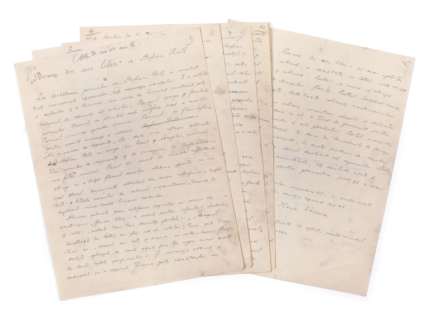 Recenzie manuscris ”Poeme în aer liber, de Stephan Roll”, de Ilarie Voronca, cca. 1930, publicat în Revista ”Unu”, cu semnătura olografă a autorului, provine din colecția poetului avangardist Sașa Pană (5 file)