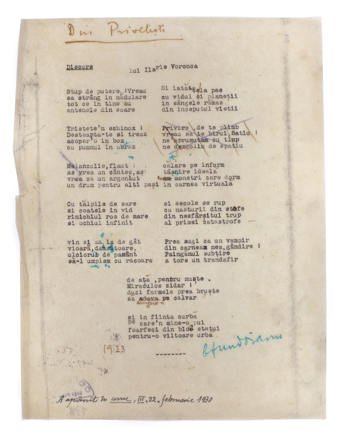 Manuscris ”Discurs”, de Benjamin Fundoianu, publicat în Revista ”Unu” numărul 3, 22 februarie 1930, cu o însemnare olografă a lui Sașa Pană referitor la publicarea articolului, cu semnătura olografă a autorului, provine din colecția poetului avangardist Sașa Pană
