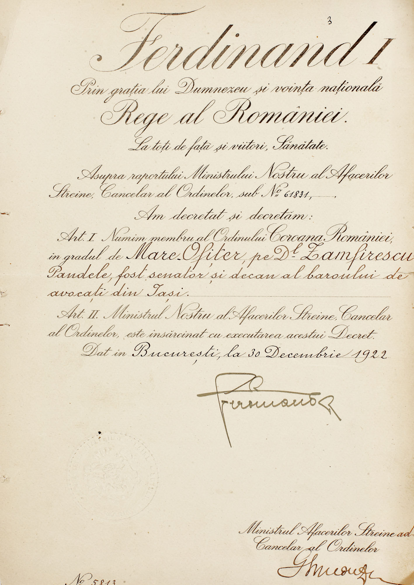 Brevet de înaintare în gradul de Mare Ofiţer al Ordinului Coroana României, acordat lui Pandele Zamfirescu, decan al baroului Iaşi, Bucureşti, 30 decembrie 1922, cu semnătura olografă a Regelui Ferdinand