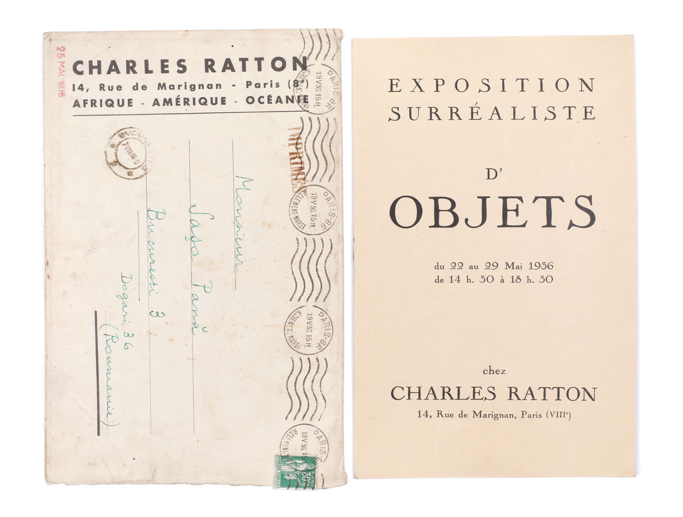 Catalogul expoziției suprarealiste "D`Objets" de la Paris din anul 1936, cu plicul original către Sașa Pană, provine din colecția poetului avangardist Sașa Pană