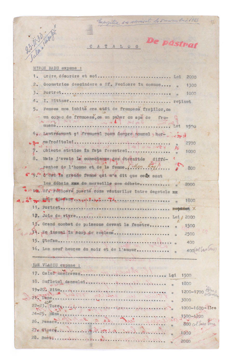 Catalogul expoziției "Miron Radu (Paraschivescu), Ion Vlasiu și I. Vittner" de la sala Hasefer din București, 1933, cu dedicațiile și semnăturile olografe ale expozanților către Sașa Pană, provine din colecția poetului avangardist Sașa Pană, raritate absolută, piesă de colecție (4 file)