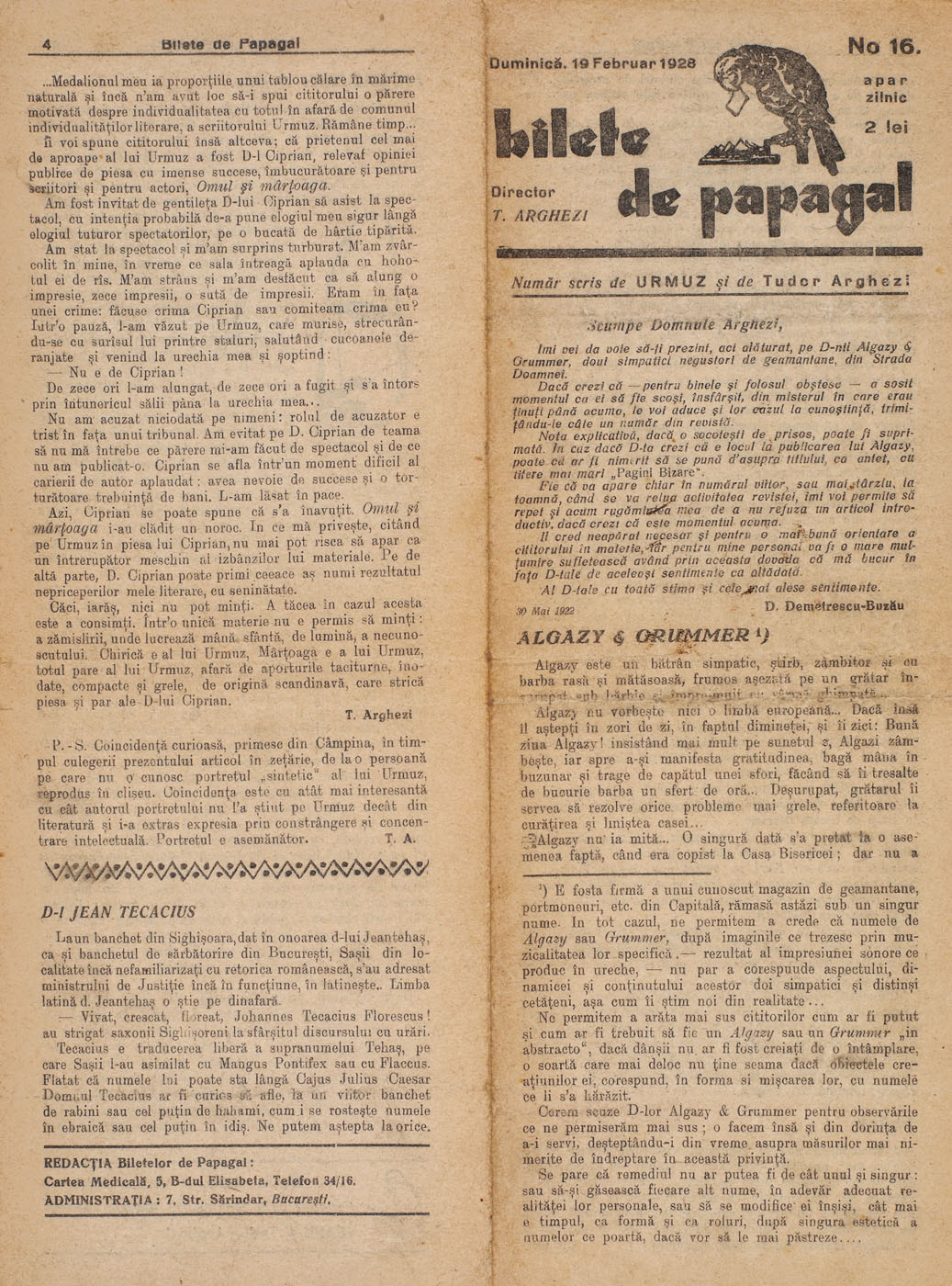 Ziarul ”Bilete de papagal”, număr cu texte de Urmuz, numărul 16, 19 februarie 1928