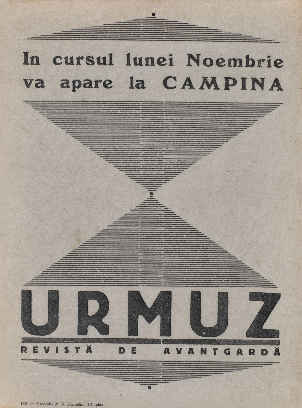Afișul revistei de avangardă ”Urmuz”, prin care se anunță publicarea numărului 1, provine din colecția poetului avangardist Geo Bogza, piesă extrem de rară, de colecție