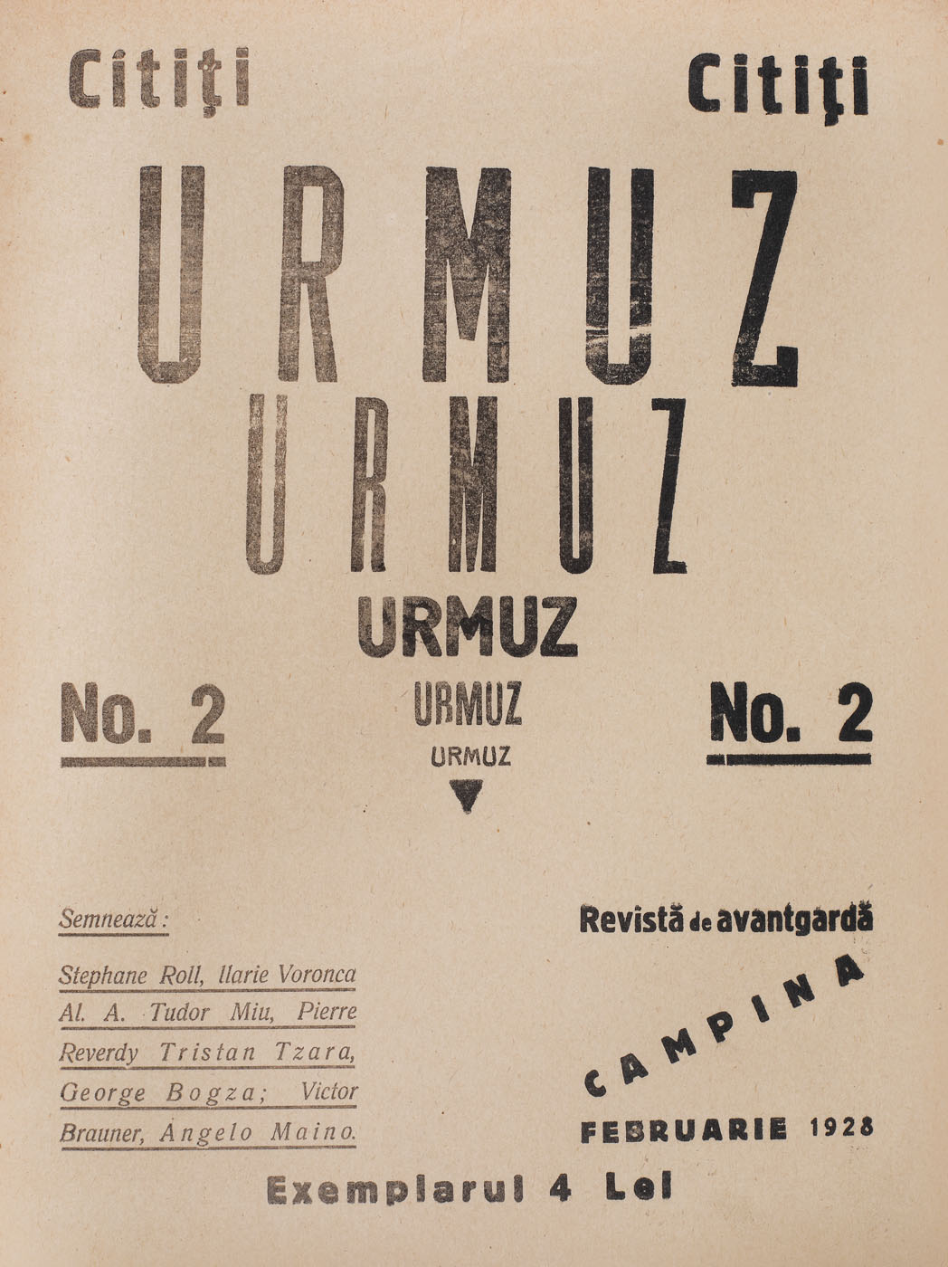 Poster for the Avant-garde Magazine "Urmuz", advertising the publishing of issue no. 2, rare edition, collector's piece