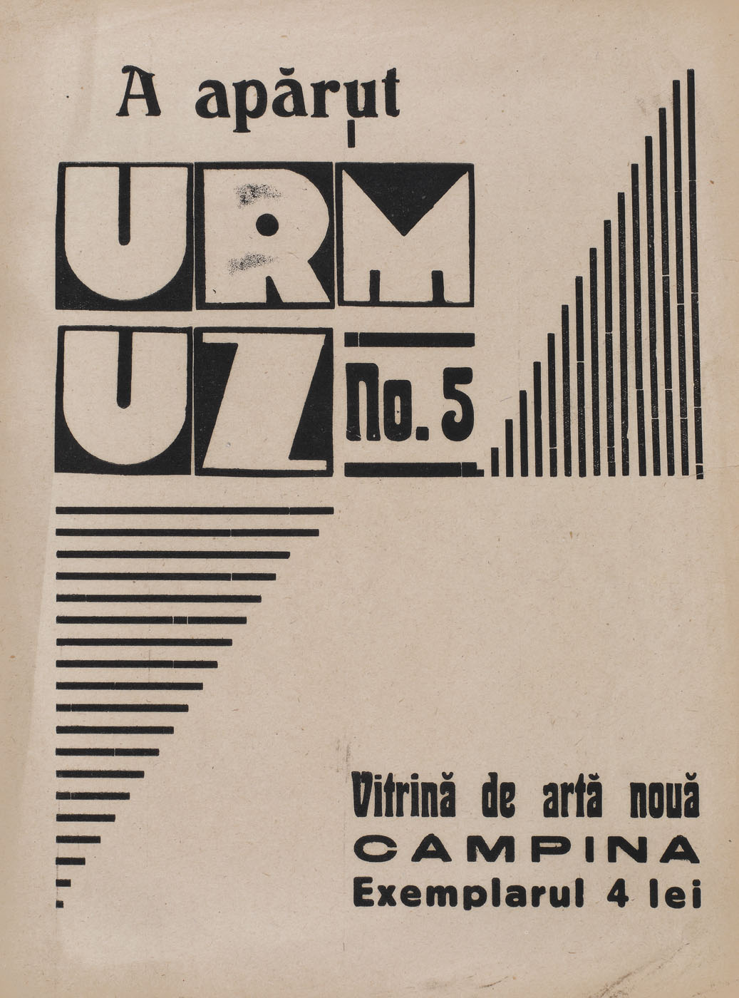 Afișul revistei de avangardă ”Urmuz”, prin care se anunță publicarea numărului 5, piesă rară, de colecție