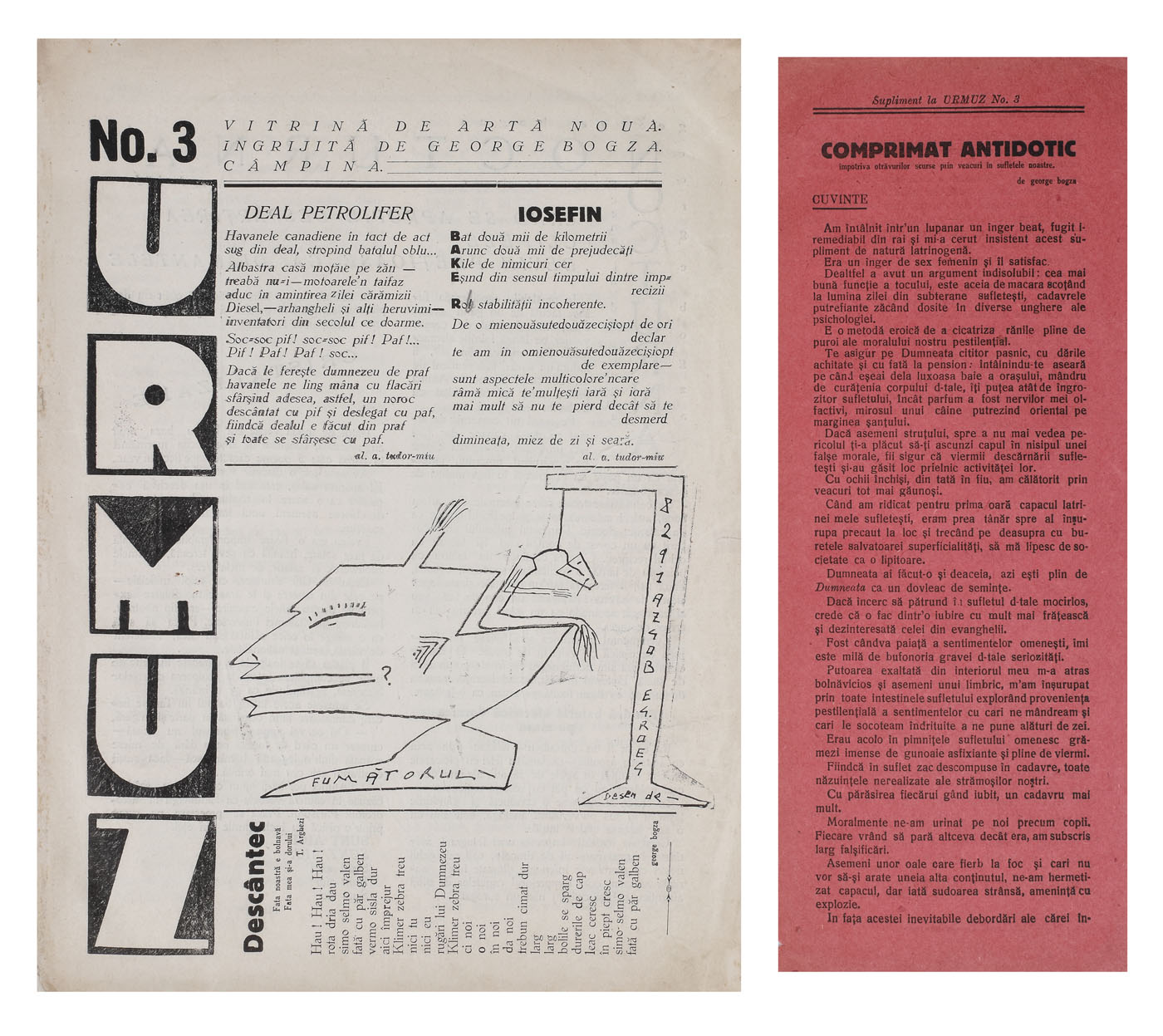 Revista ”Urmuz”, numărul 3, martie-aprilie 1928, cu supliment ”Comprimat Antidotic”, de Geo Bogza, piesă rară, de colecție