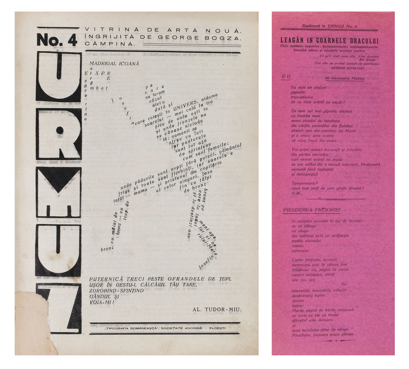 "Urmuz" - Avant-garde Magazine, issue no. 4, May 1928, with the inset suppliement "Leagăn în coarnele dracului / Cradle on the devil's horns", by Geo Bogza, rare issue, collector's piece