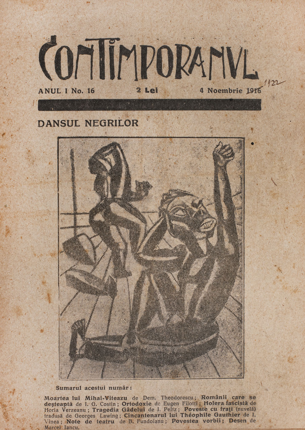 "Contimporanul / Contemporary" - Avant-garde Magazine, first year of publishing, issue no. 16, 4th of November 1916 (print error 1922), small format