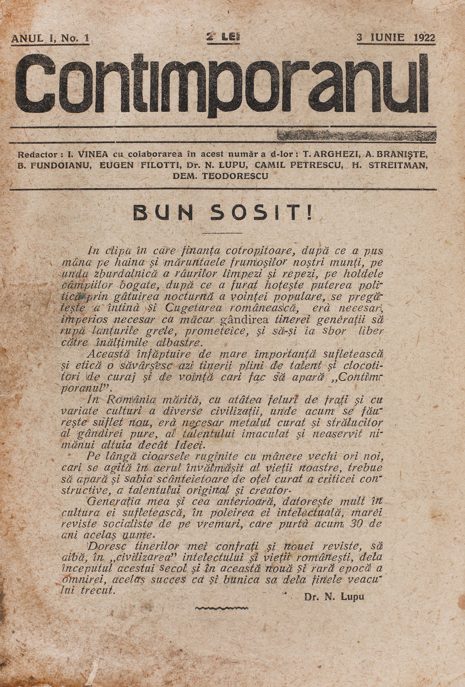 Revista ”Contimporanul”, anul I, numărul 1 din 3 iunie 1922, format mic