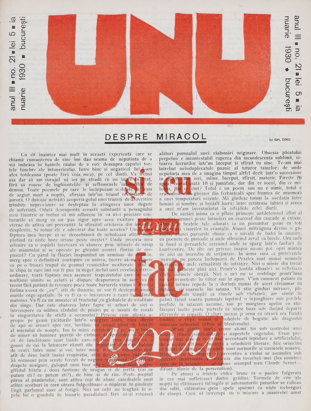 Revista ”Unu (și cu unu fac unu)”, anul III, numărul 21, 1930, cu  desene de Victor Brauner și M.H. Maxy, piesă rară, de colecție