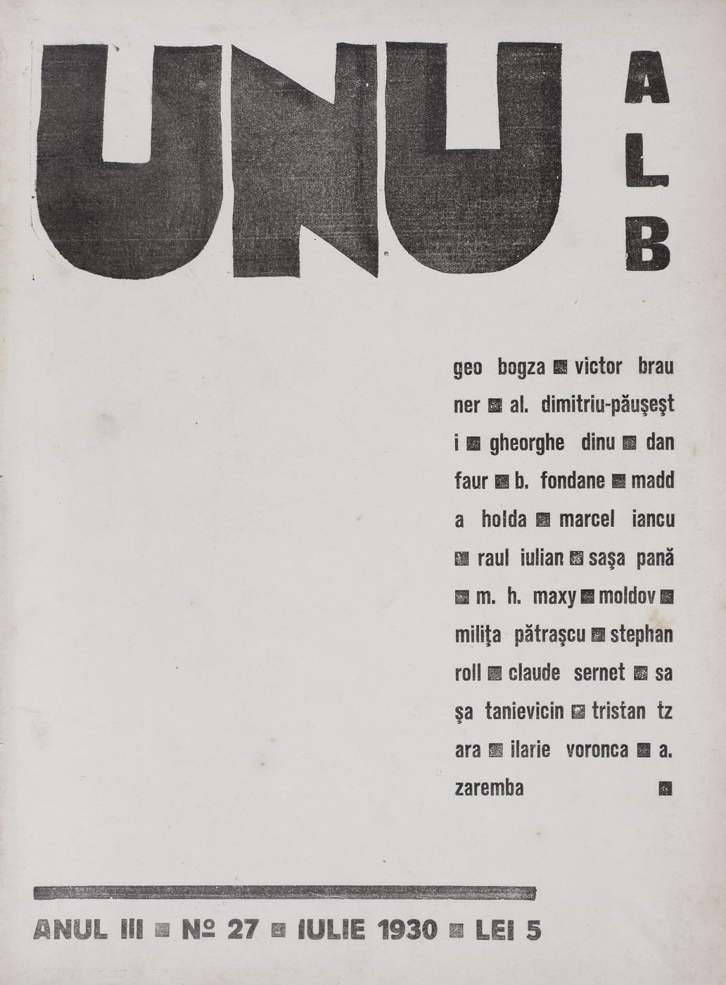 Revista ”Unu (alb)”, anul III, numărul 27, 1930, piesă foarte rară, de colecție