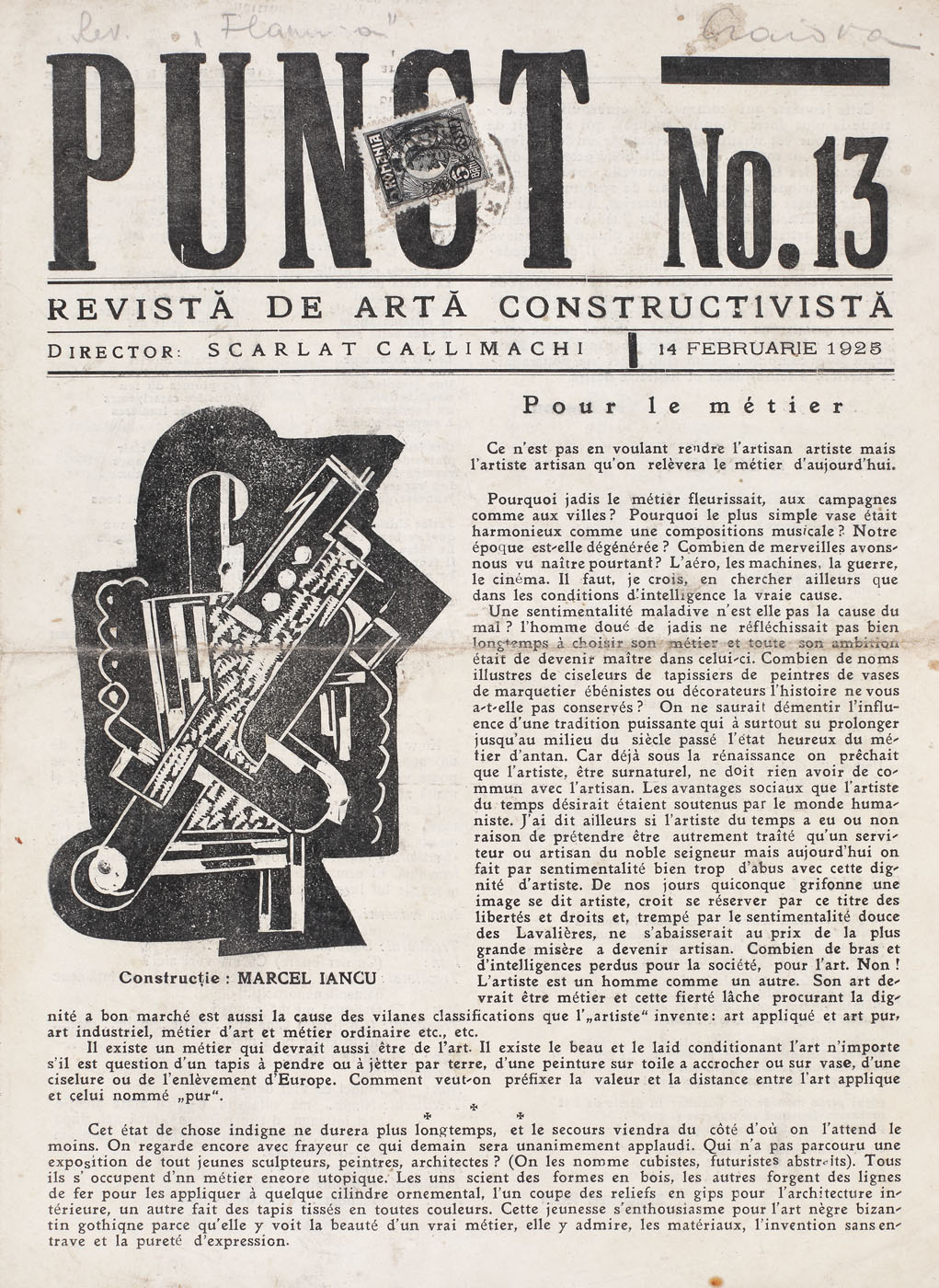 Revista de artă constructivistă ”Punct”, numărul 13 din 14 februarie 1925