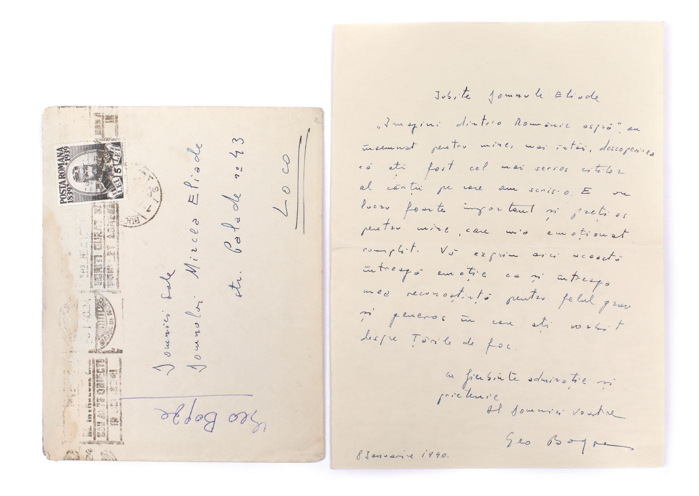 Letter sent by Geo Bogza to Mircea Eliade, thanking him for the book review published in "Imagini dintr-o Românie aspră / Images from a rough Romania", Bucharest, 8th of January 1940, in the original envelope