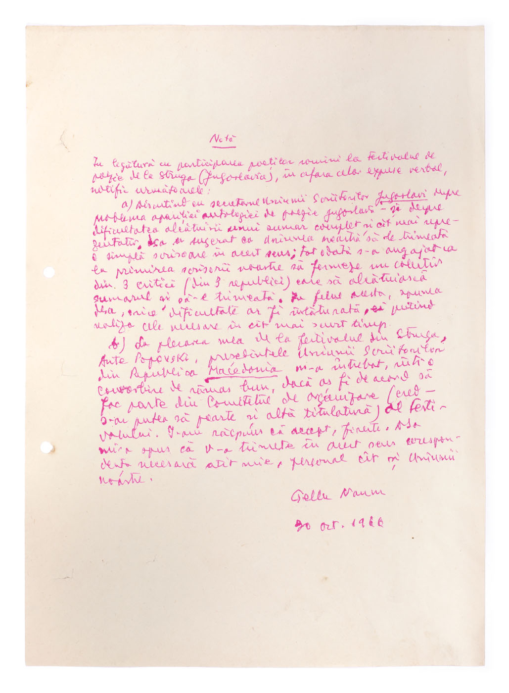 Notă olografă în legătură cu ”Festivalul de poezie de la Strunga” (Yugoslavia), 30 octombrie 1966, cu semnătura lui Gellu Naum