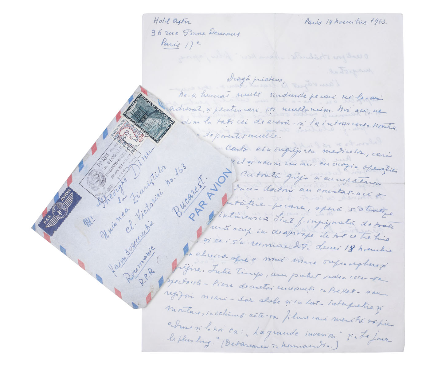 Scrisoare amicală trimisă de Dida și Scarlat Callimachi către Stephan Roll, în care aceștia povestesc despre întâlnirea cu Marcel Iancu și își manifestă speranța de a-l întâlni și pe Victor Brauner, Paris, 14 noiembrie 1963, în plicul original