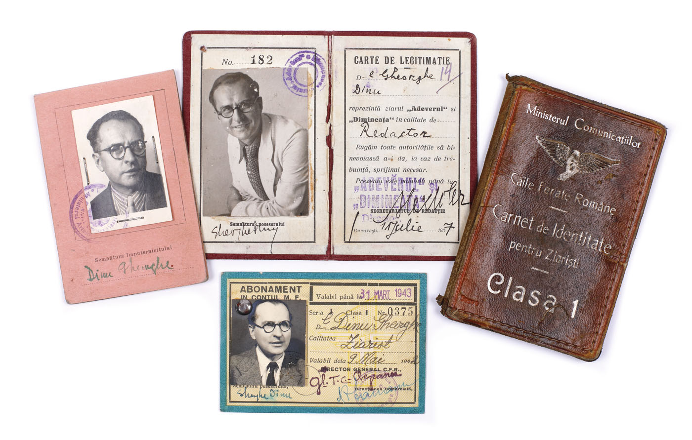 Lot format din trei legitimații de presă (pe vremea când lucra cu ziarele ”Adevarul”, ”Dimineața” și ”Viața Sindicală”) ale lui Stephan Roll, 1937-1949