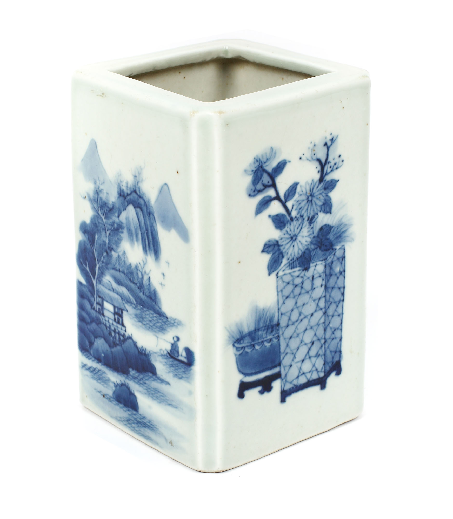 Porcelain brush pot, painted with landscapes and floral decorations, China, 'Shen de tang zhi' mark, early 20th century