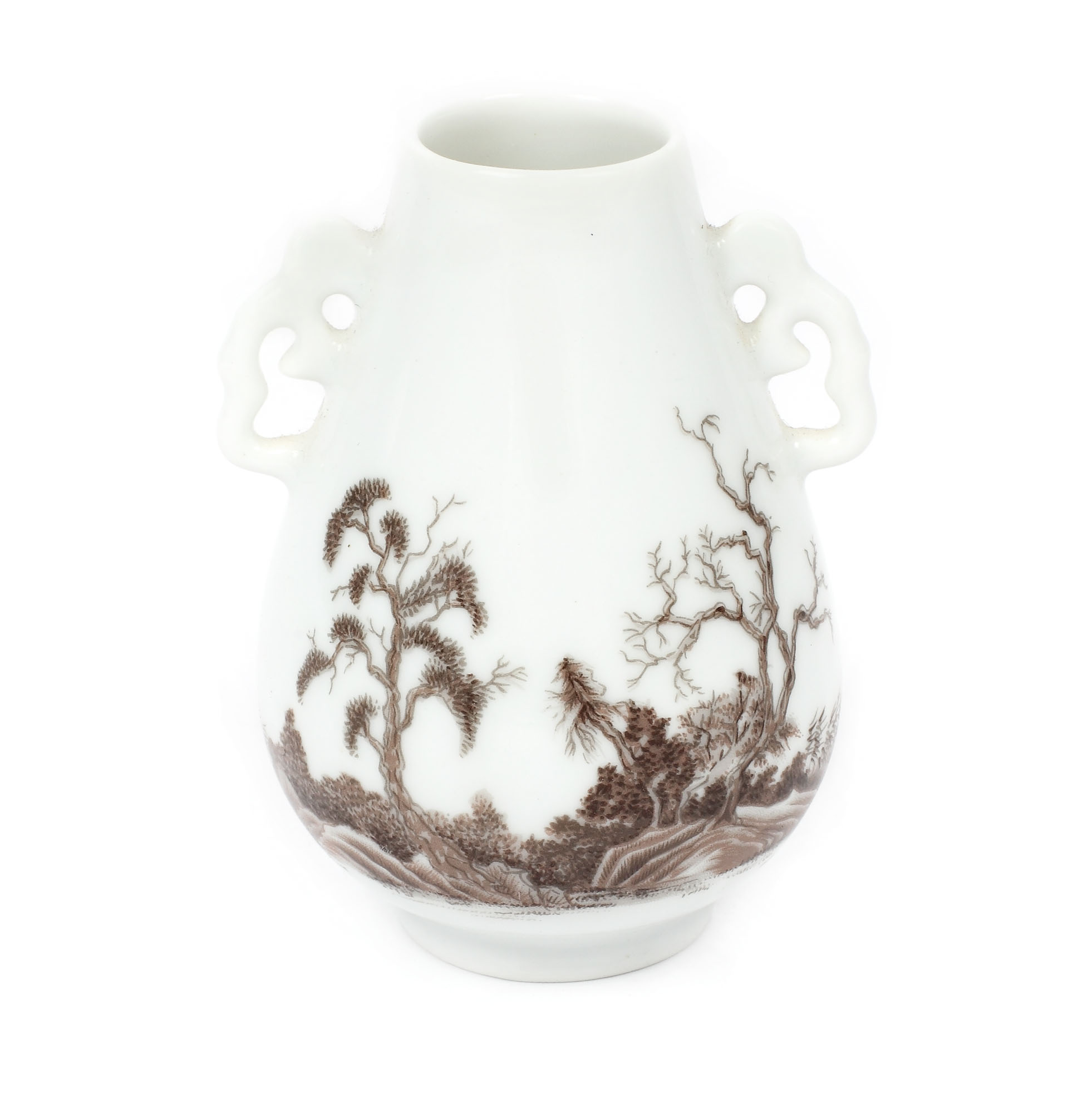 Miniature porcelain hu vessel, painted in grisaille with a landscape, China, early 20th century