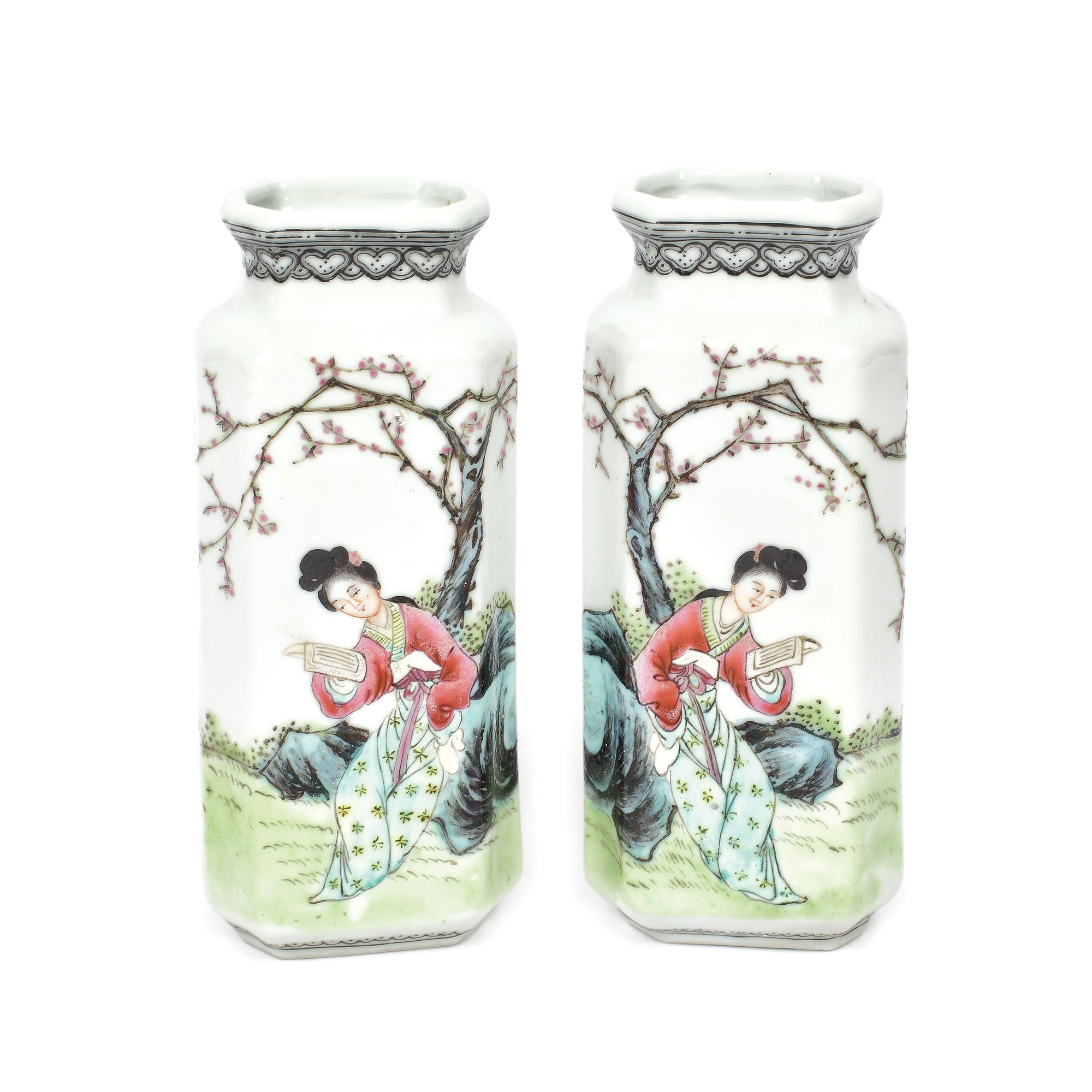 Pair of porcelain vessels, painted with female figures in a garden, China, Qianlong retrospective mark, Republican period (1912-1949)