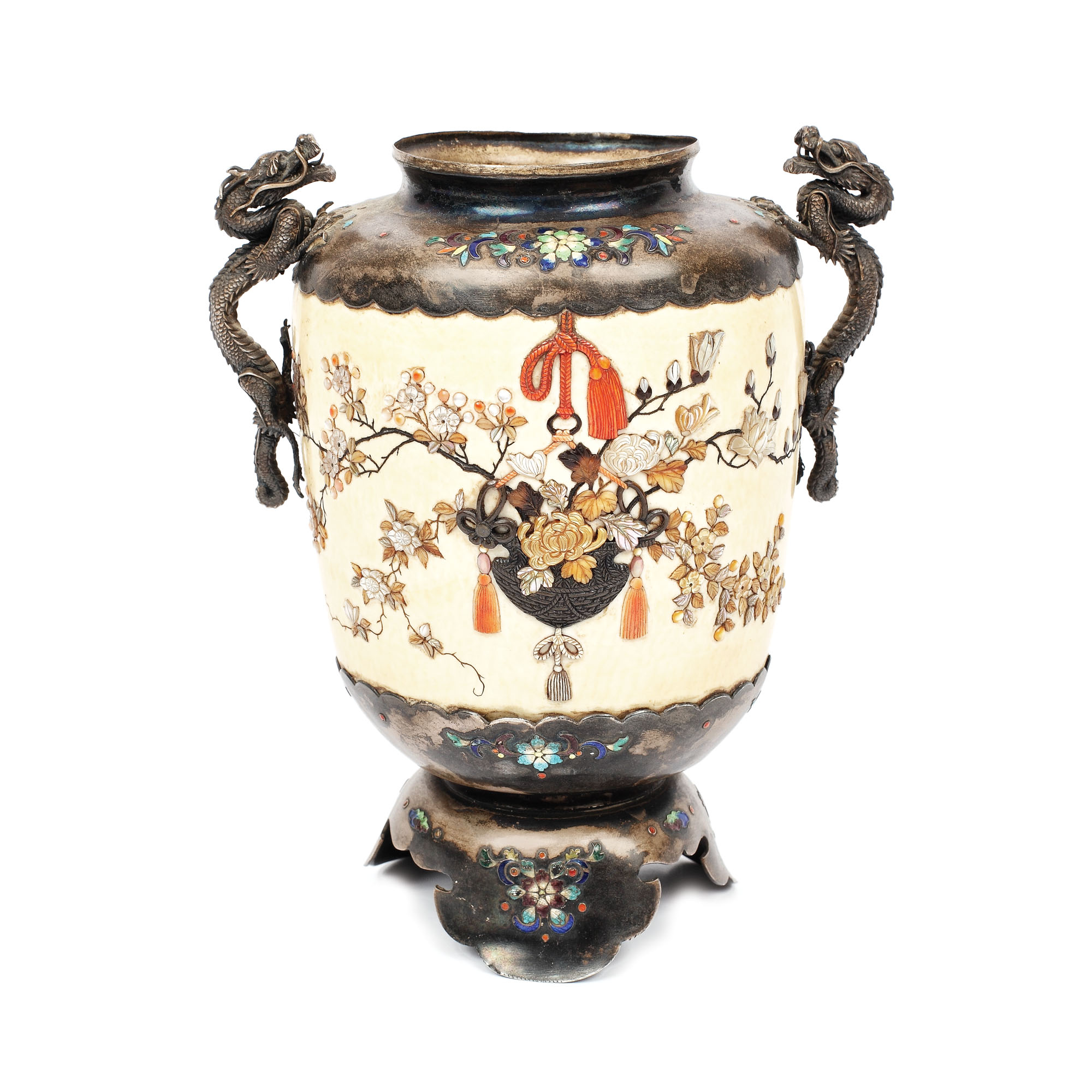 Splendid enamelled silver and ivory cup, decorated with mother-of-pearl birds and flowers, early Meiji period