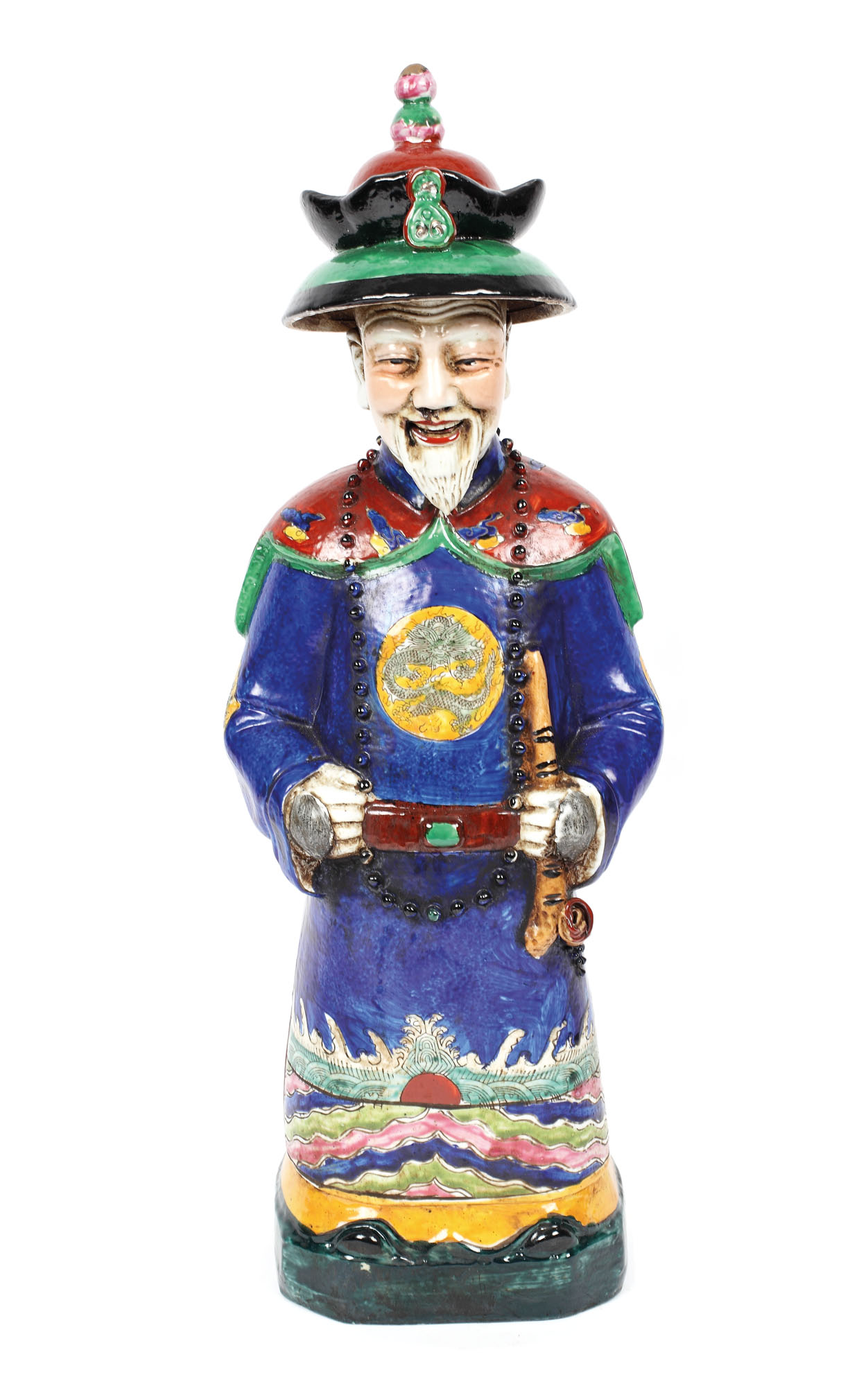 Painted porcelain statuette, Chinese merchant smoking an opium pipe, China, mid-20th century