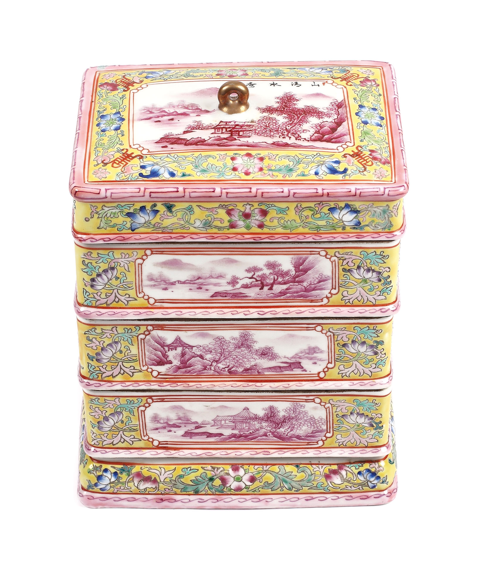 Pagoda set of Famille Rose porcelain boxes, painted with landscapes, China, Qianlong retrospective mark, Republican period (1912-1949)