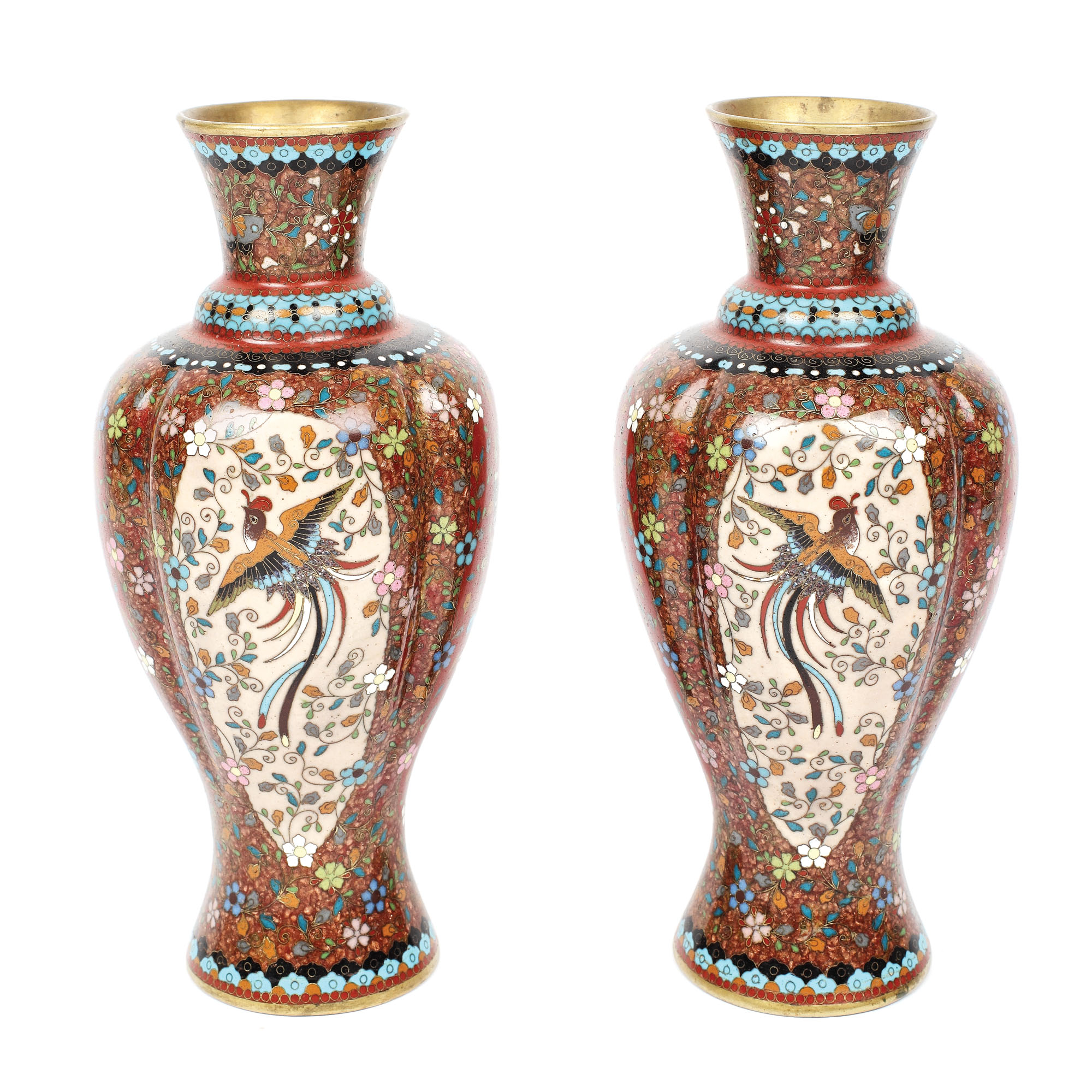Pair of cloisonné enamelled vessels, depicting phoenix birds, Japan, first half of the 20th century