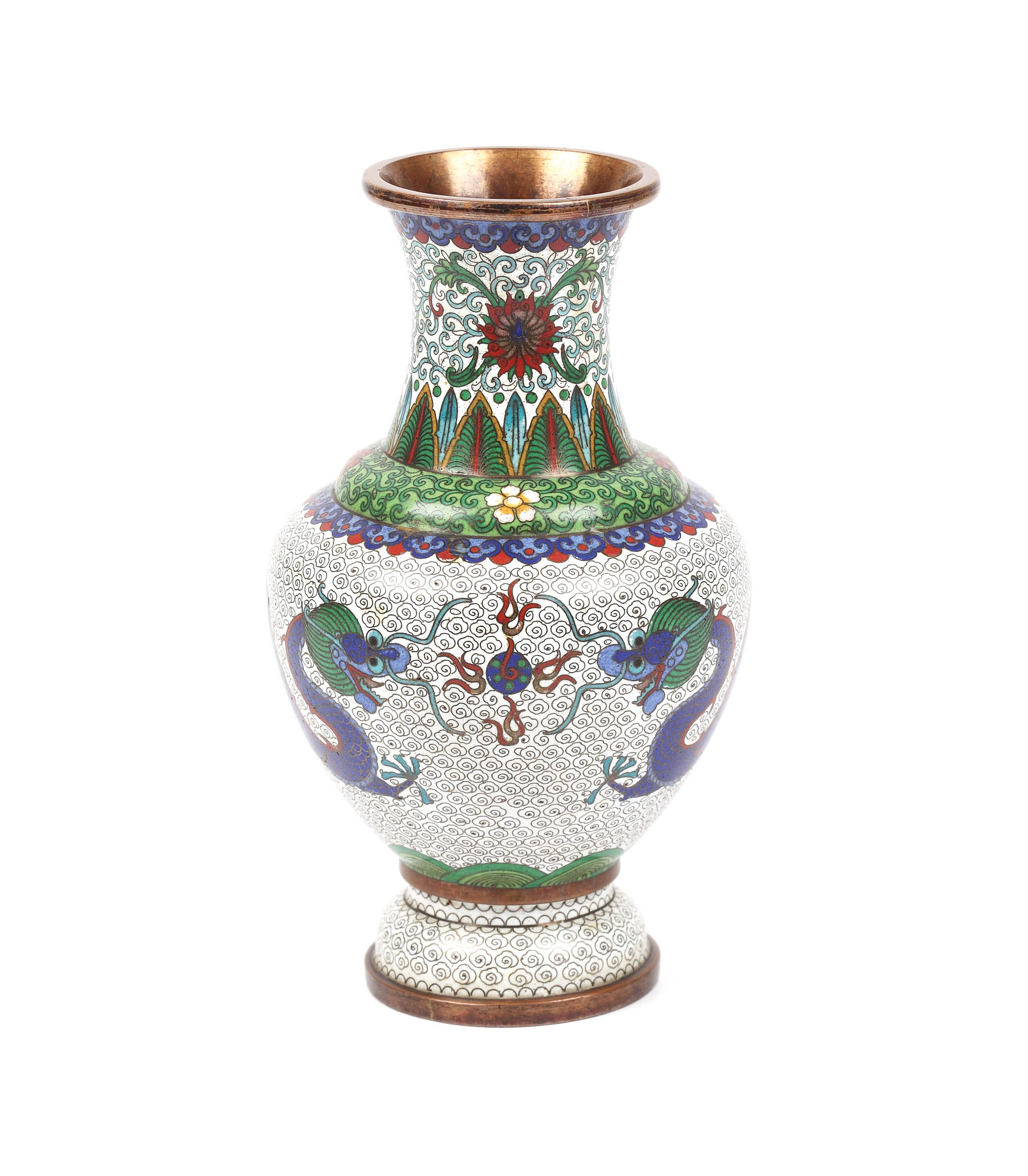 Vas emailat cloisonné, decorat cu doi dragoni, China, jumătatea sec. XX