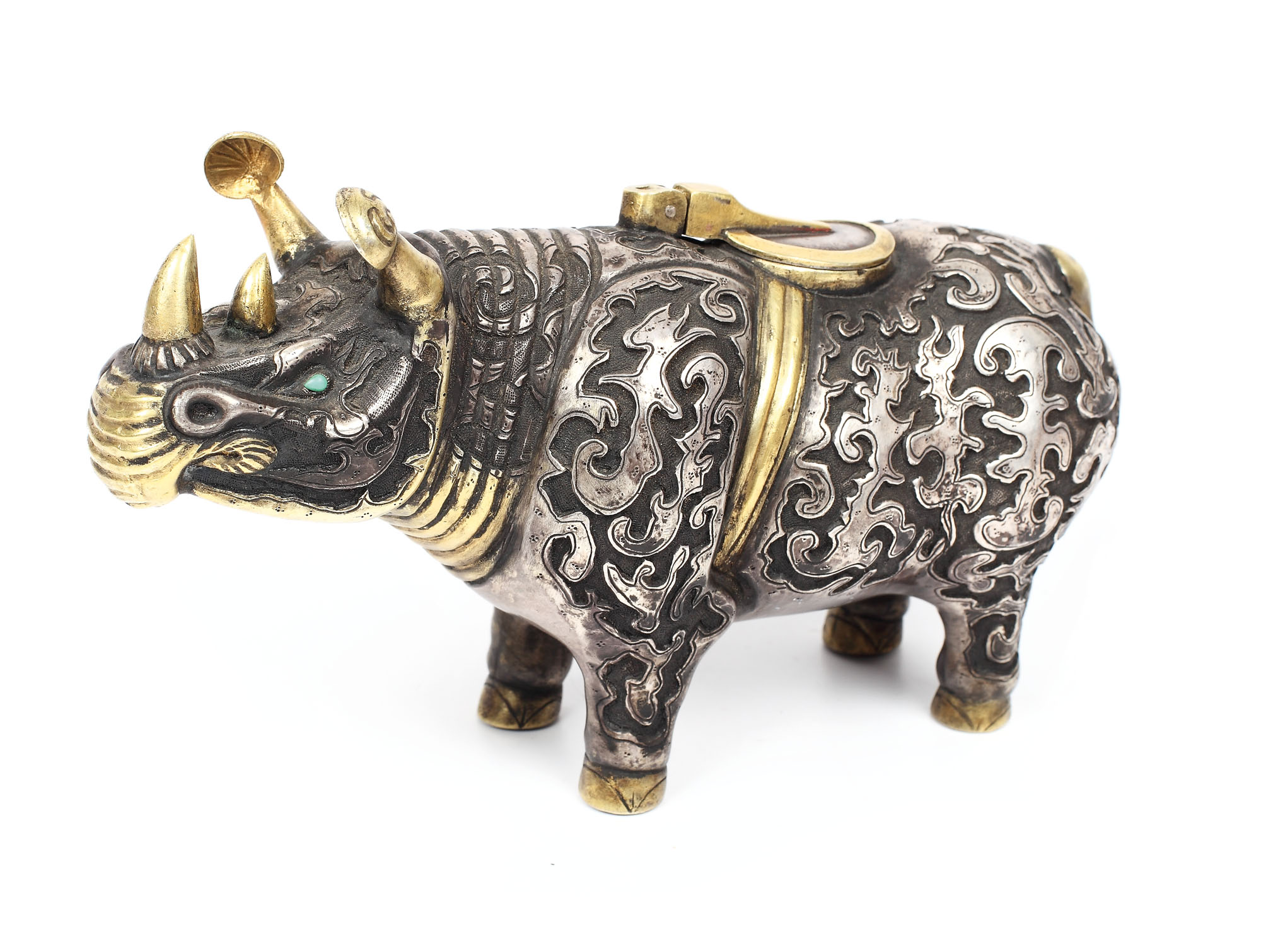 Silver container, in rhinoceros shape, decorated with Chinese symbols