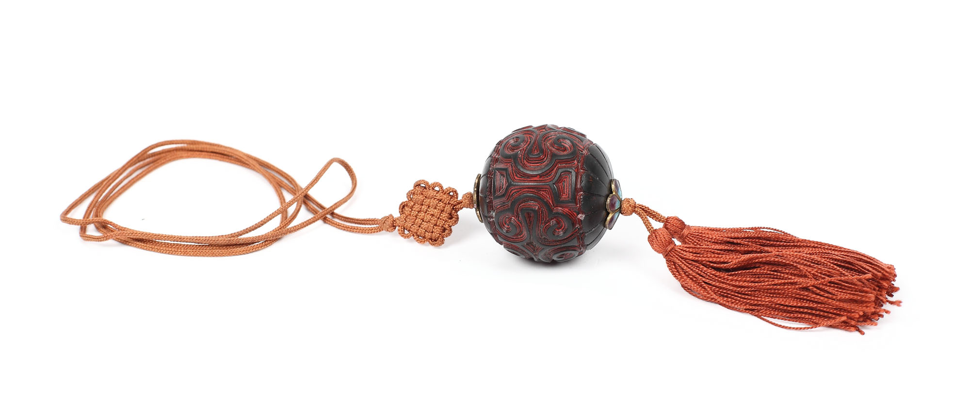 Carved cinnabar lacquer Tixi pendant with enamelled silver mounts, China, early 20th century