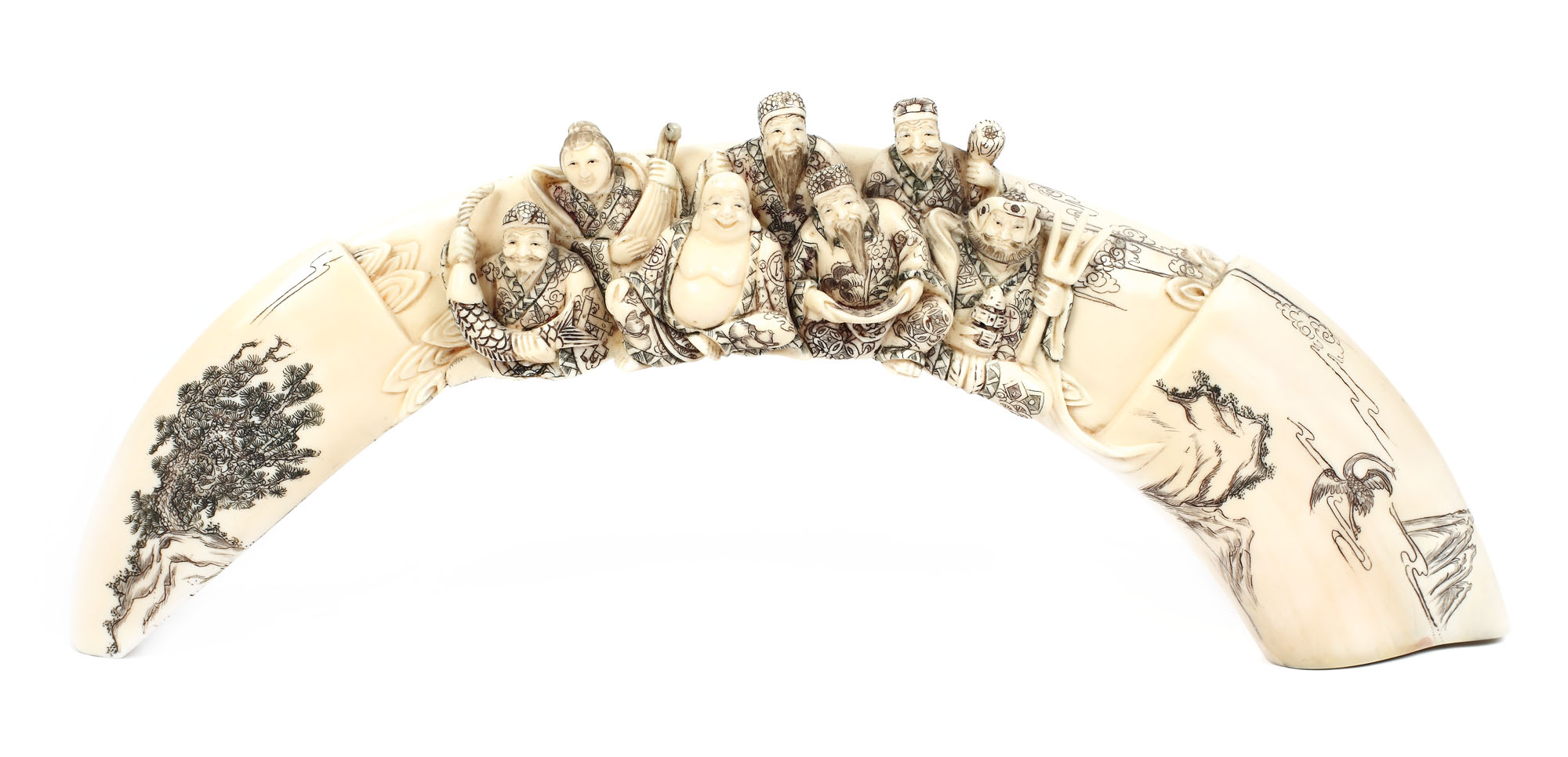 Carved ivory decorative piece, ornate with Fukujin deities, China, first half of the 20th century