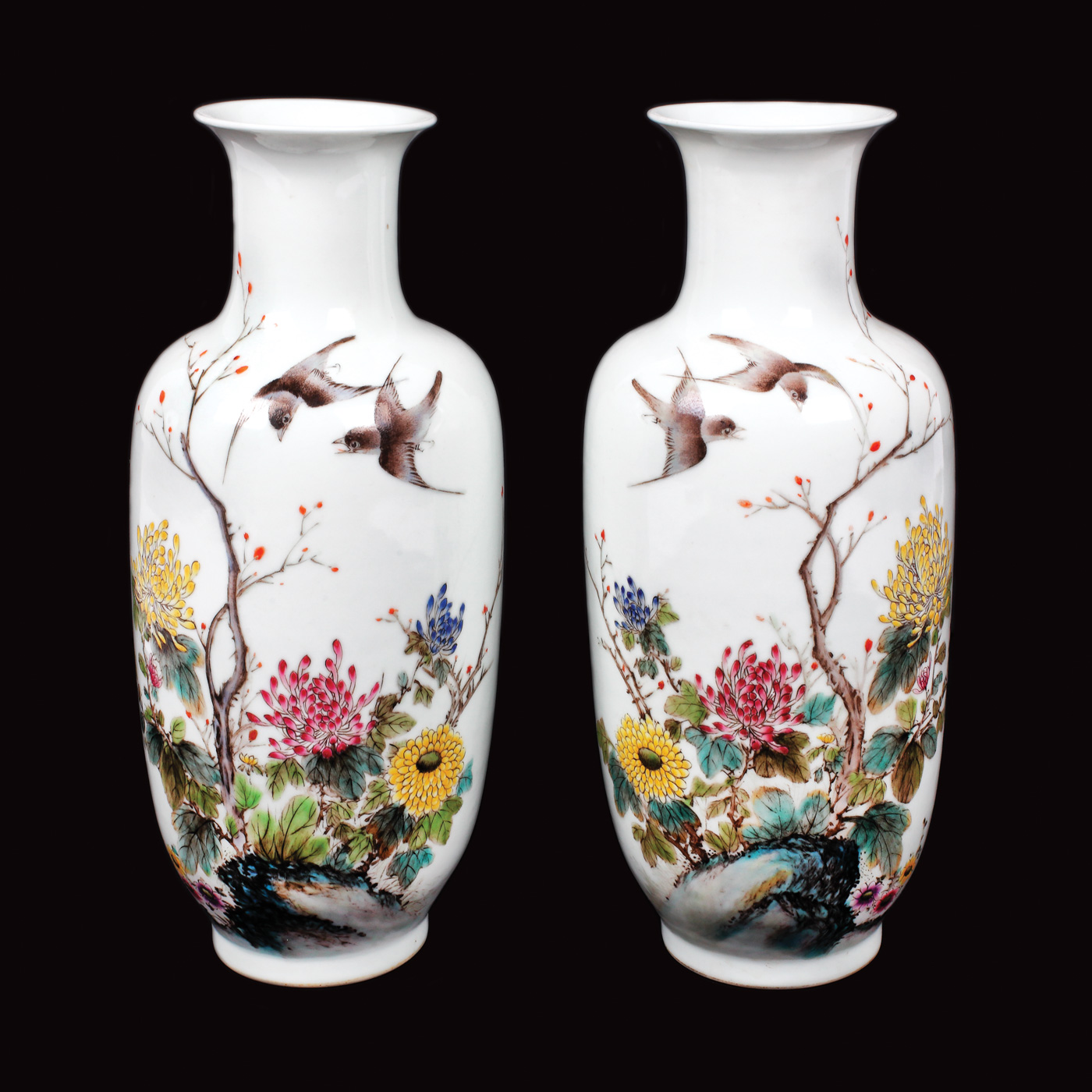 Pair of porcelain vessels, painted with birds and flowers