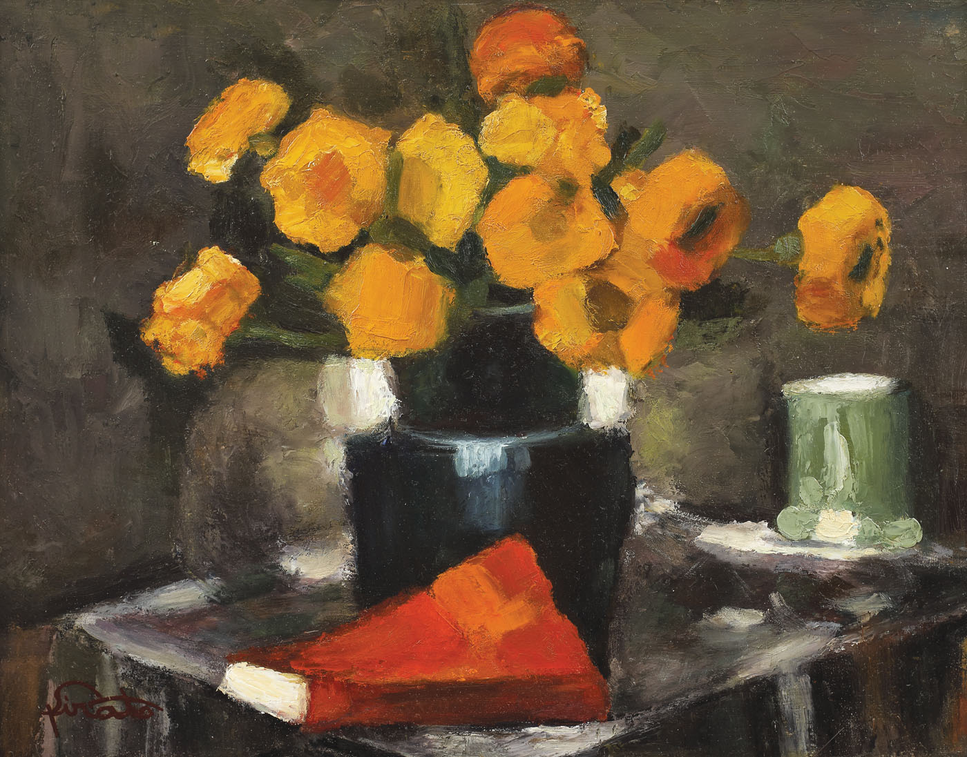 Still life with marigolds and a red book