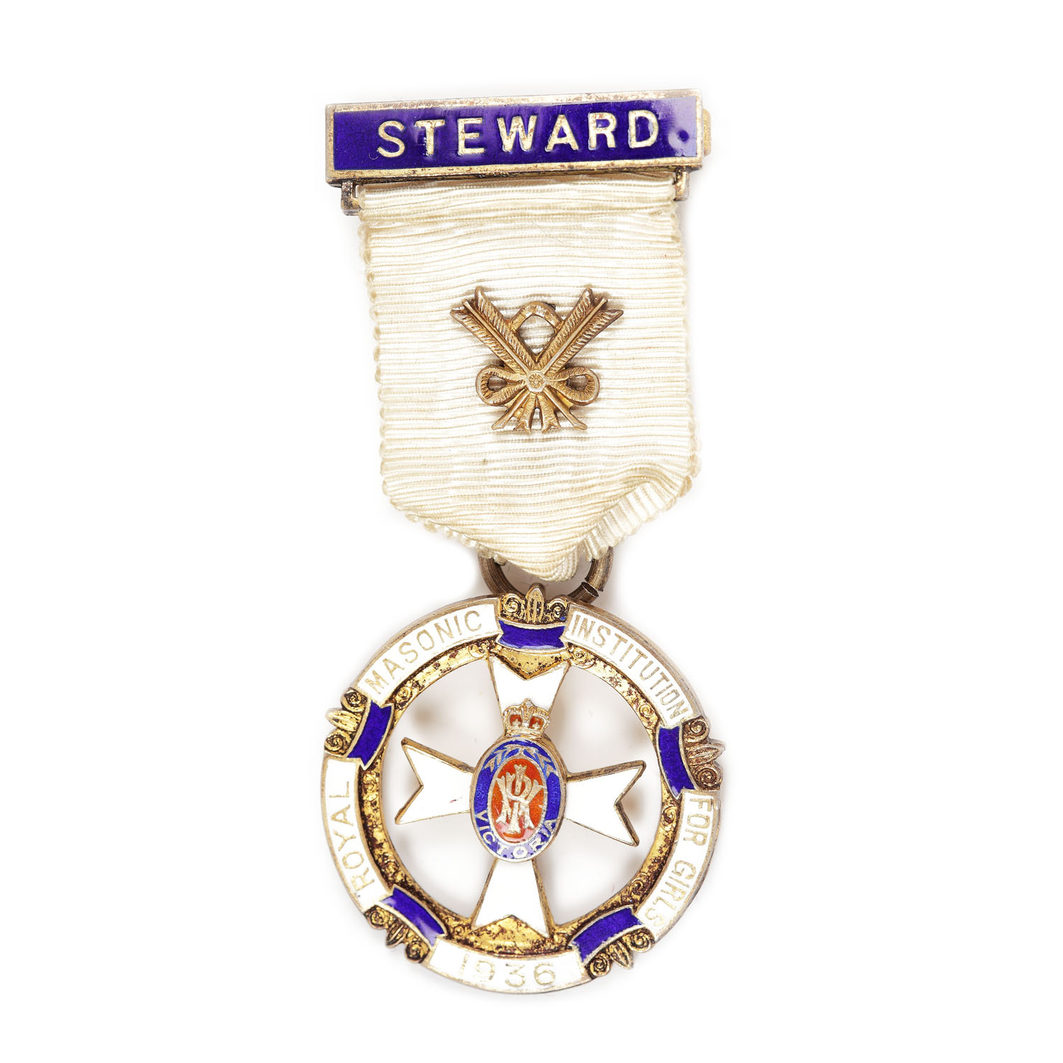 Silver Masonic order of the Royal Masonic Institution For Girls, for the position of Steward, 1936, with authorisation
