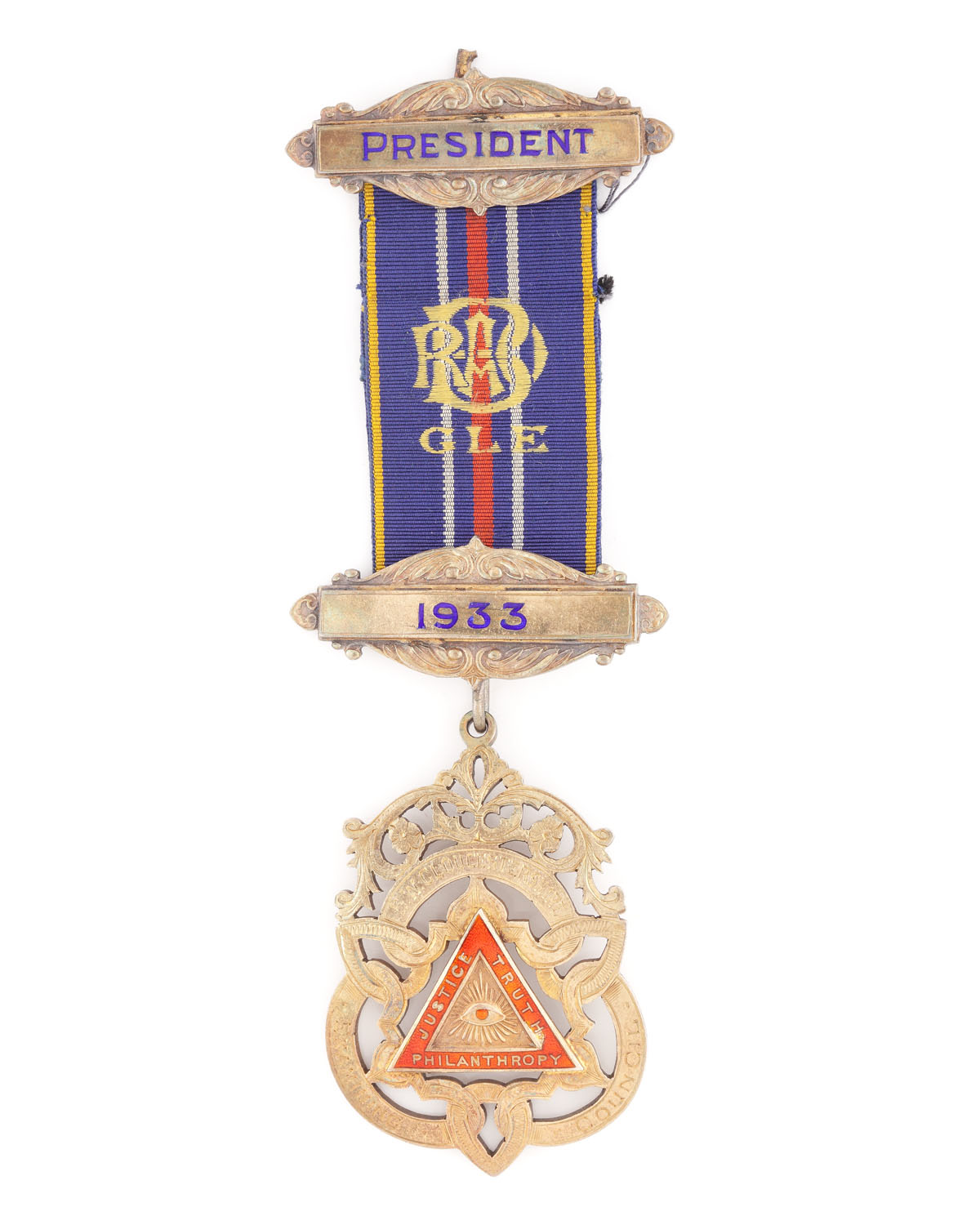 Ordin masonic din argint aurit al ”R.A.O.B.”, prezentat lui H.G. Hull pentru funcţia de Preşedinte, 1933