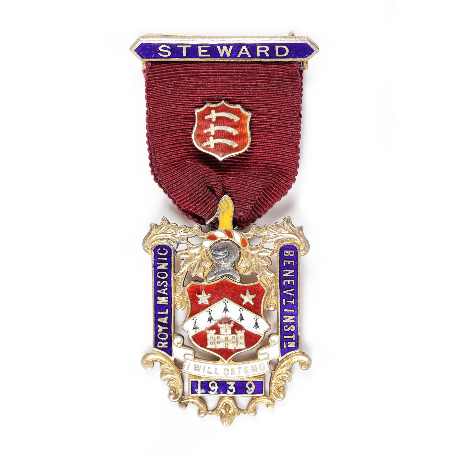 Ordin masonic din argint aurit al ”Royal Masonic Benevolent Institution”, pentru funcţia de Steward, 1939