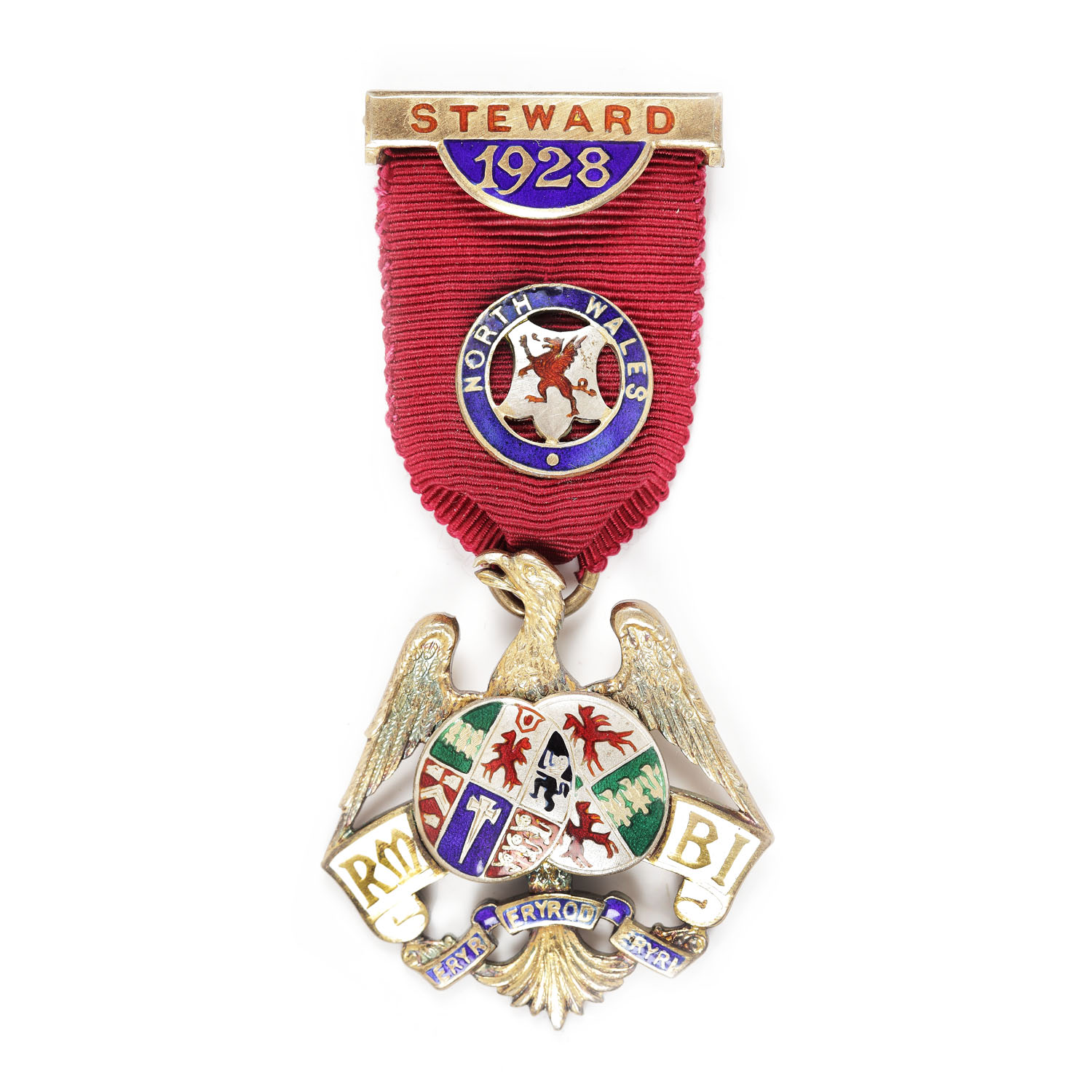 Ordin masonic din argint aurit al ”Royal Masonic Benevolent Institution”, pentru funcţia de Steward, North Wales, 1928