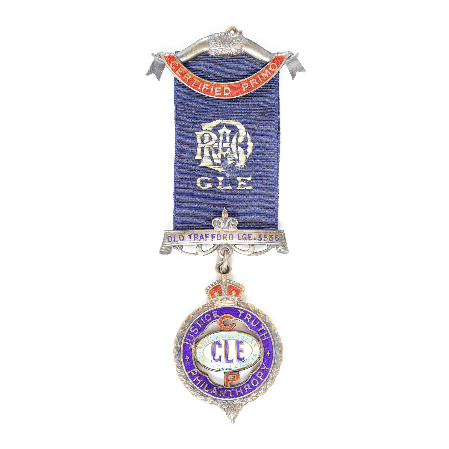 Ordin masonic din argint aurit al ”R.A.O.B.”, prezentat lui Alfred Wachorn de către loja ”Old Trafford” nr. 3536, pentru gradul Certified Primo, 9 noiembrie 1926, în cutie originală
