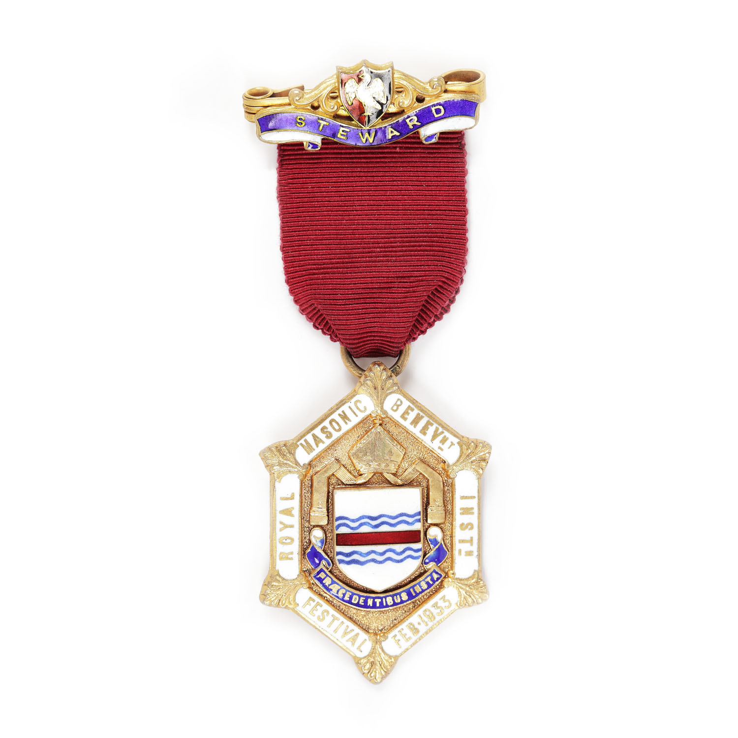 Silver Masonic order of the Royal Masonic Benevolent Institution, for the position of Steward, 1933, in the original box