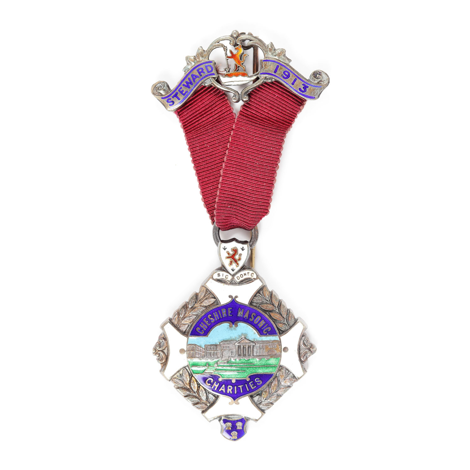 Ordin masonic din argint al ”Cheshire Masonic Charities”, pentru funcţia de Steward, 1913, în cutie originală